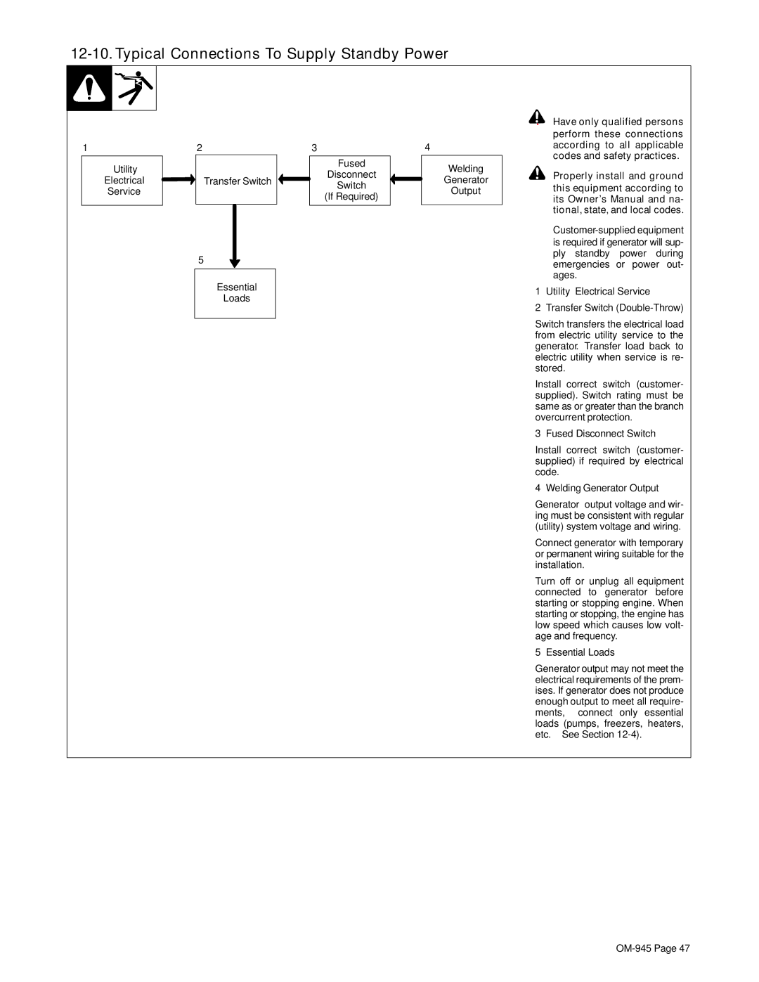 Hobart Welding Products OM-945 manual Typical Connections To Supply Standby Power 