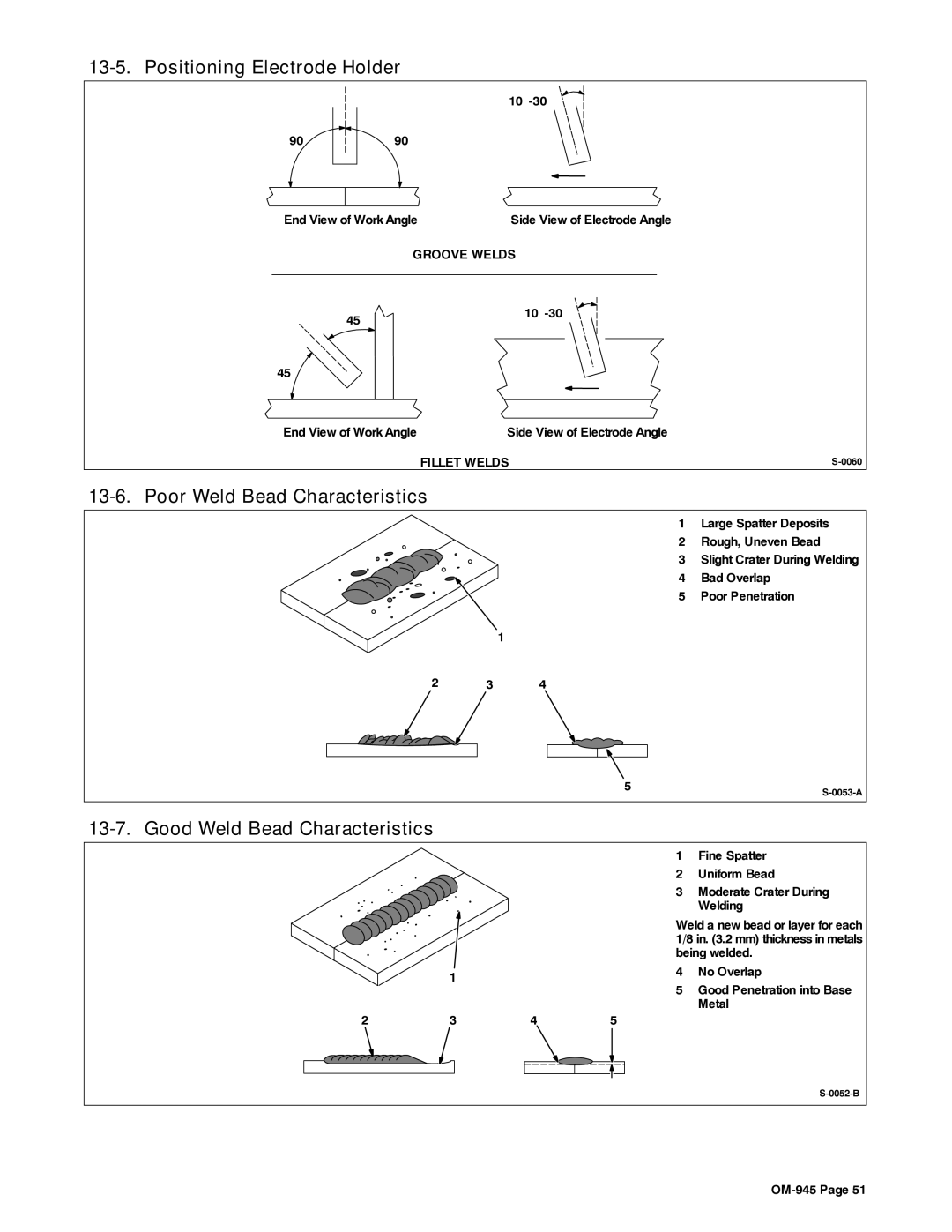 Hobart Welding Products OM-945 manual Positioning Electrode Holder, Poor Weld Bead Characteristics, 10-30 9090 