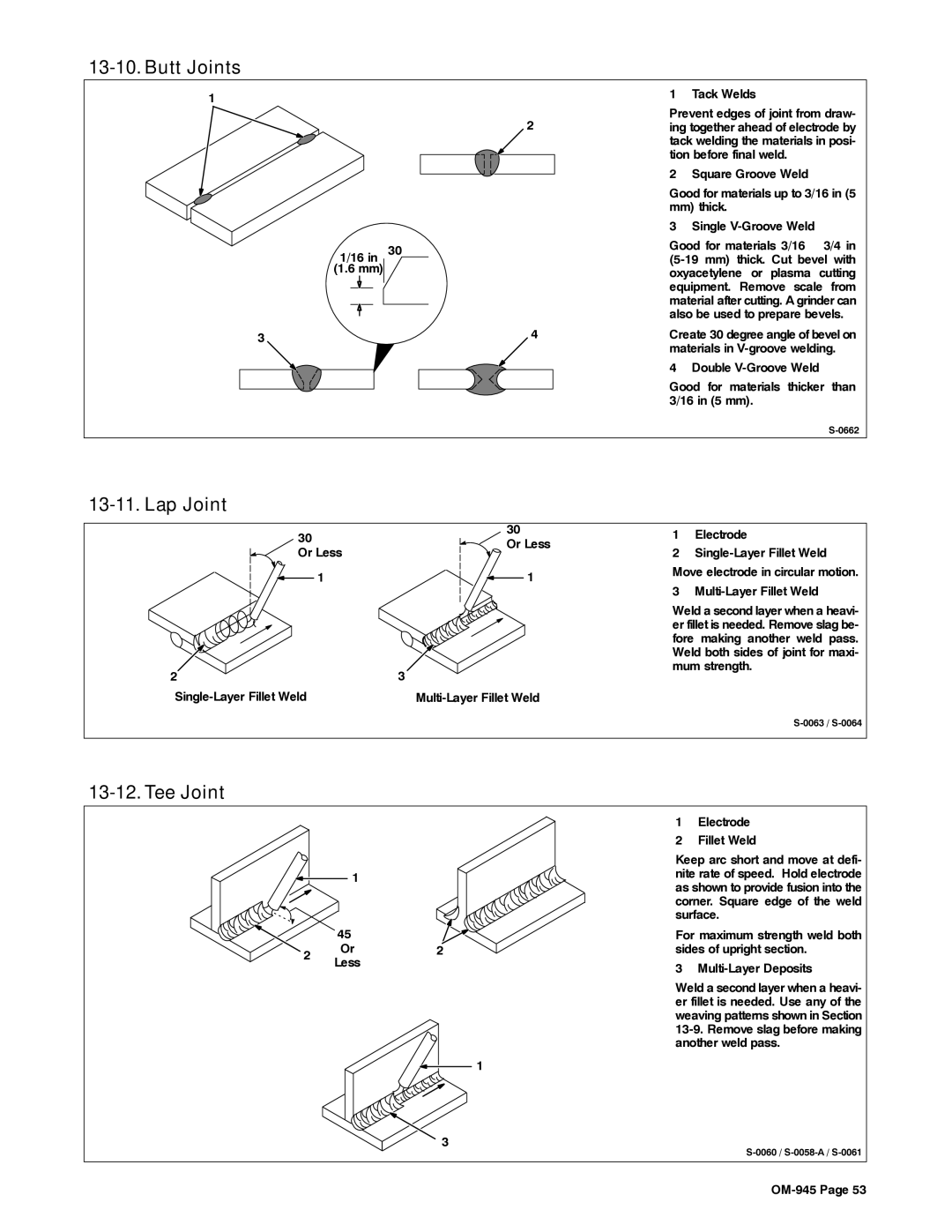 Hobart Welding Products OM-945 manual Butt Joints, Lap Joint, Tee Joint, Or Less 