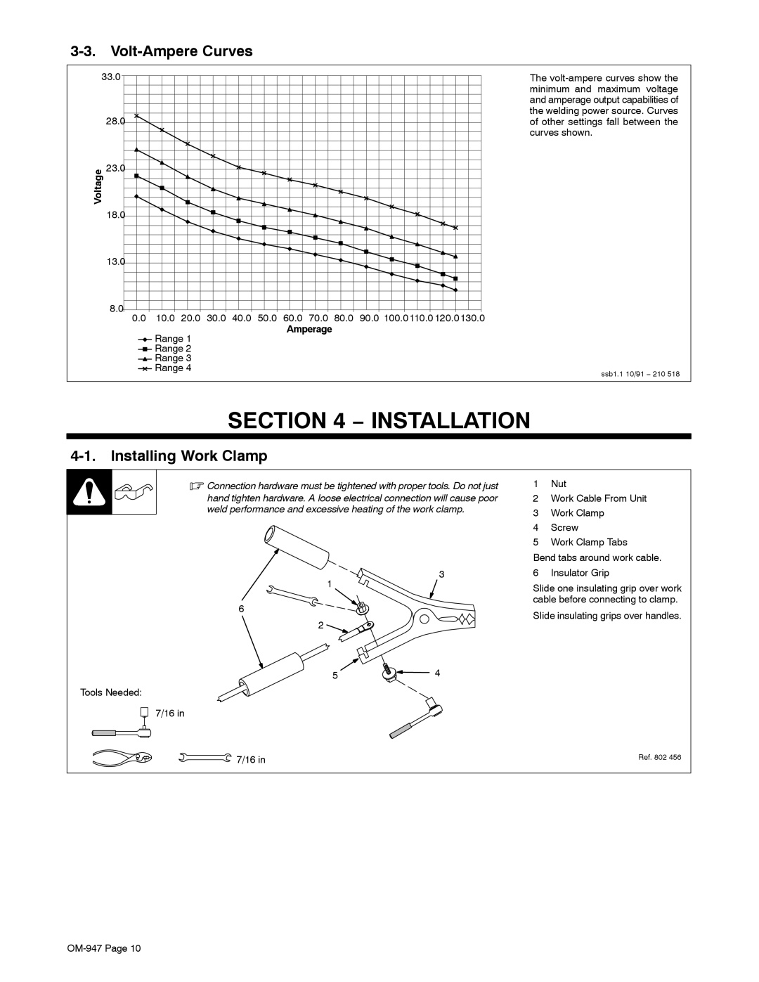 Hobart Welding Products OM-947 212 149D manual Installation, Volt-Ampere Curves, Installing Work Clamp, Voltage 