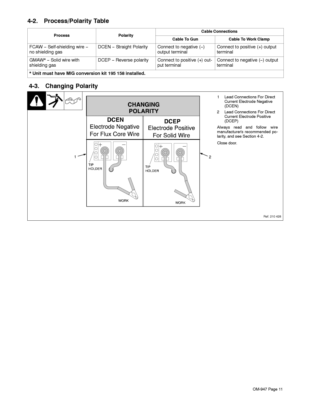 Hobart Welding Products OM-947 212 149D manual Process/Polarity Table, Changing Polarity 