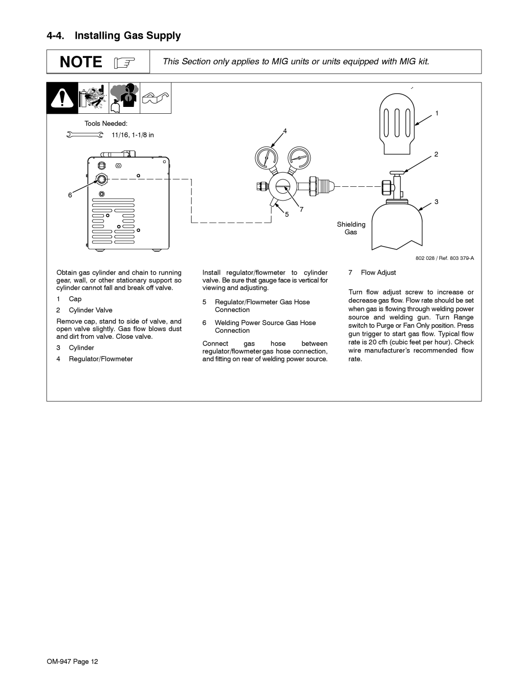 Hobart Welding Products OM-947 212 149D manual Installing Gas Supply, Tools Needed 11/16, 1-1/8, Shielding Gas 