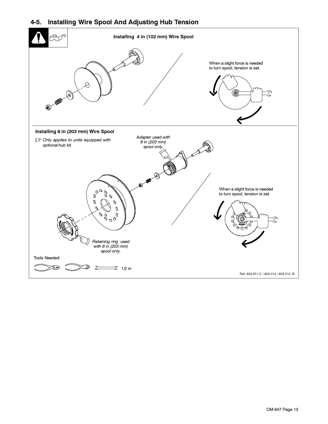 Hobart Welding Products OM-947 212 149D manual Installing Wire Spool And Adjusting Hub Tension, Tools Needed 