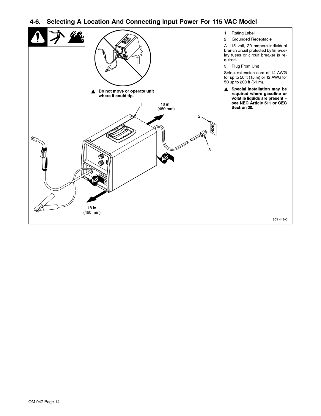 Hobart Welding Products OM-947 212 149D manual Do not move or operate unit where it could tip 