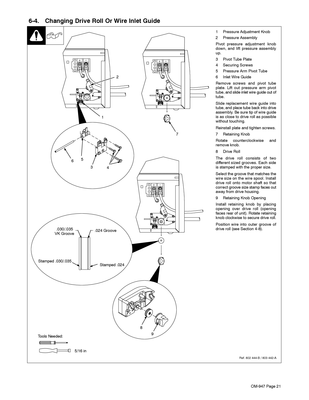 Hobart Welding Products OM-947 212 149D manual Changing Drive Roll Or Wire Inlet Guide 