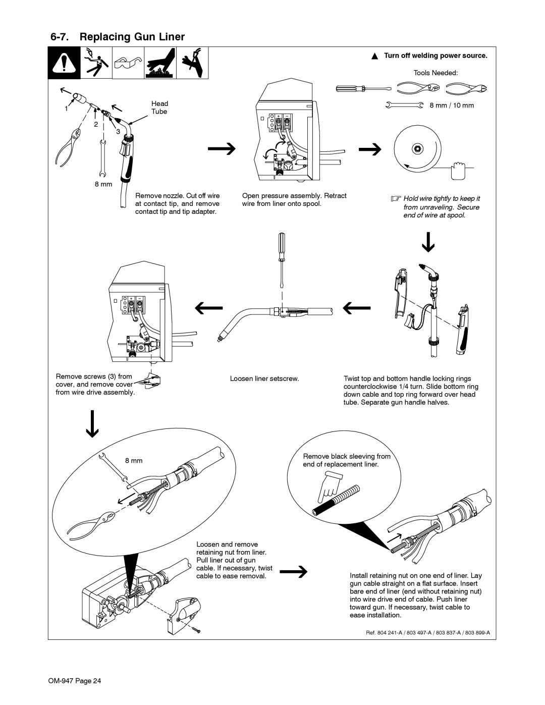 Hobart Welding Products OM-947 212 149D manual Replacing Gun Liner, Head Mm / 10 mm Tube, Loosen liner setscrew 