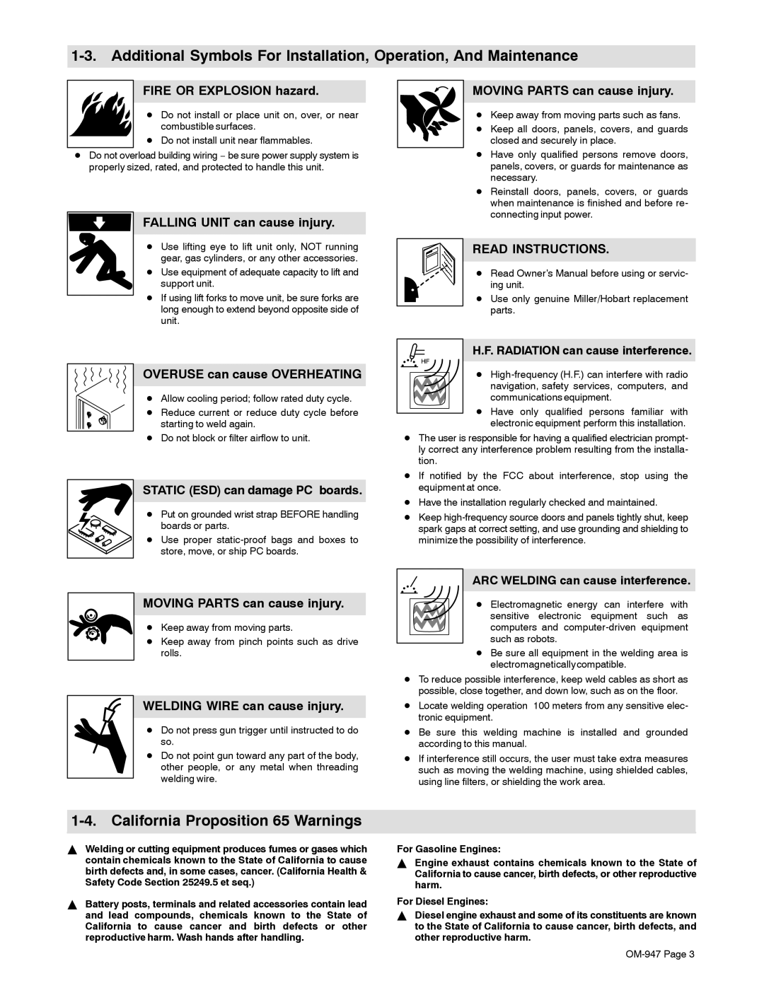 Hobart Welding Products OM-947 212 149D manual California Proposition 65 Warnings 