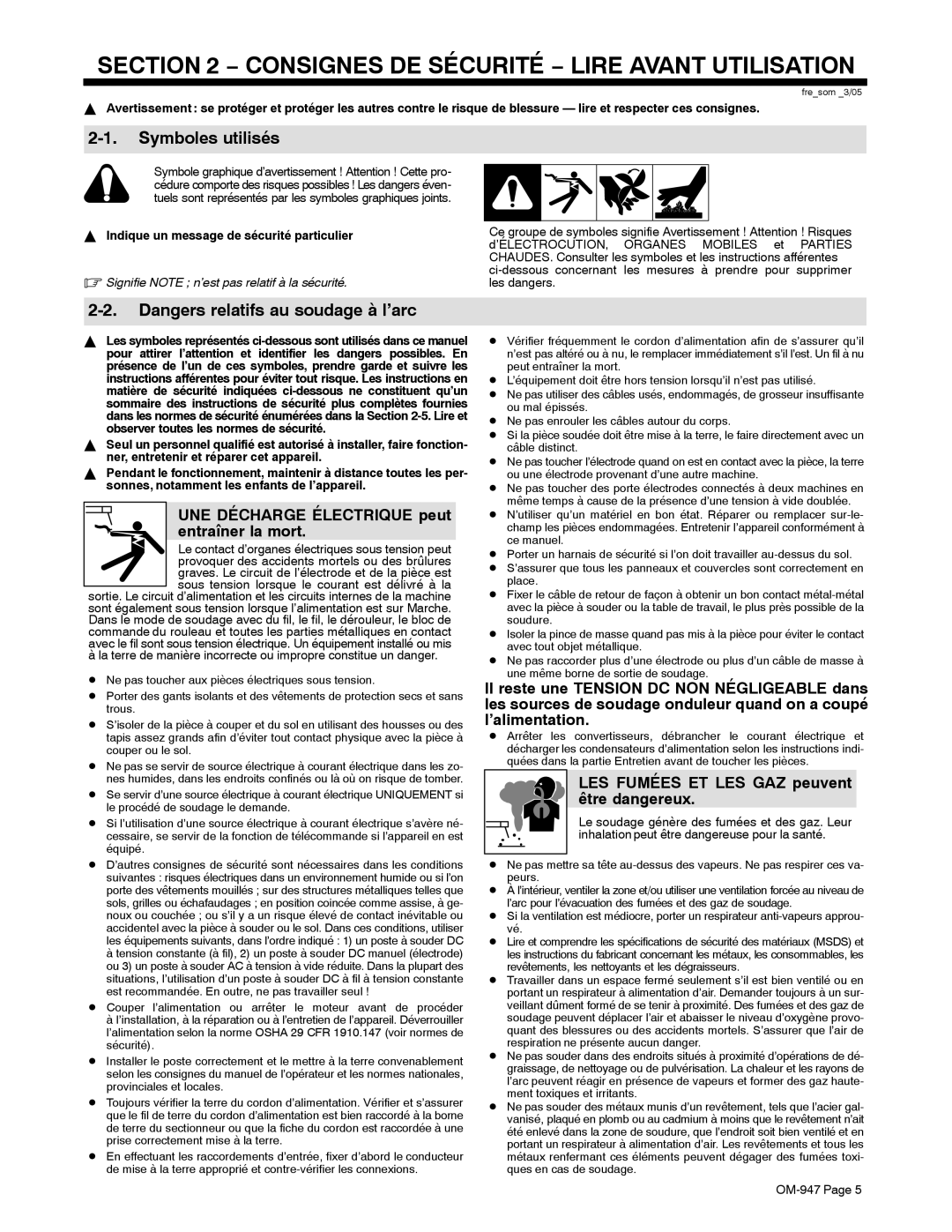 Hobart Welding Products OM-947 212 149D manual UNE Décharge Électrique peut entraîner la mort 