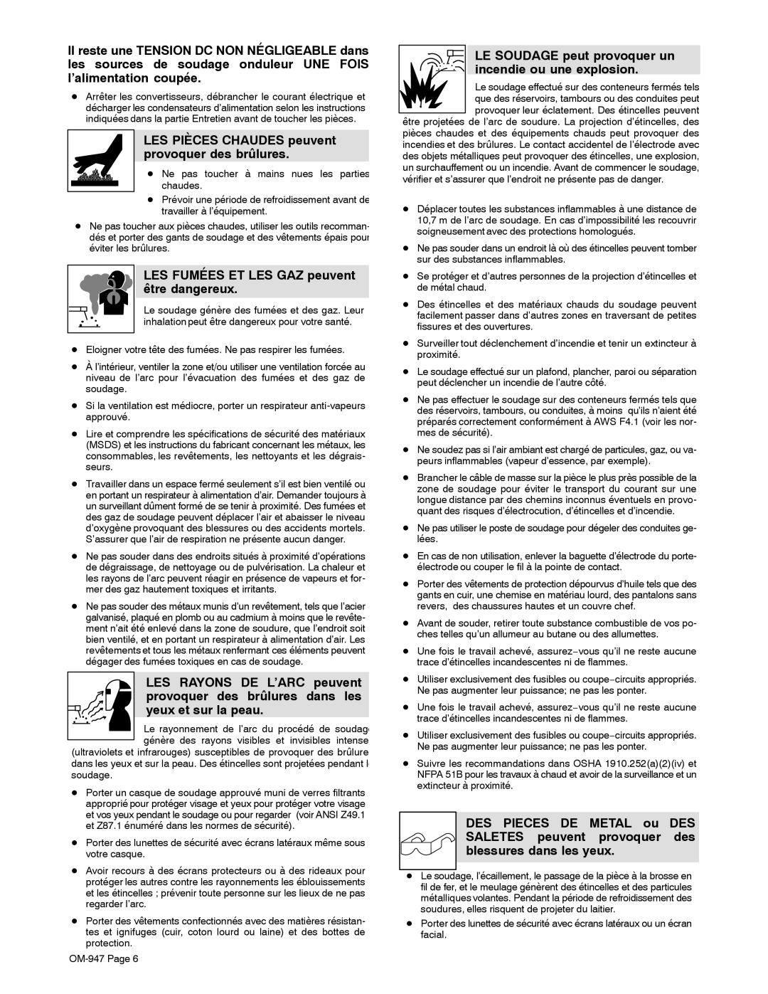 Hobart Welding Products OM-947 manual LES Pièces Chaudes peuvent provoquer des brûlures 