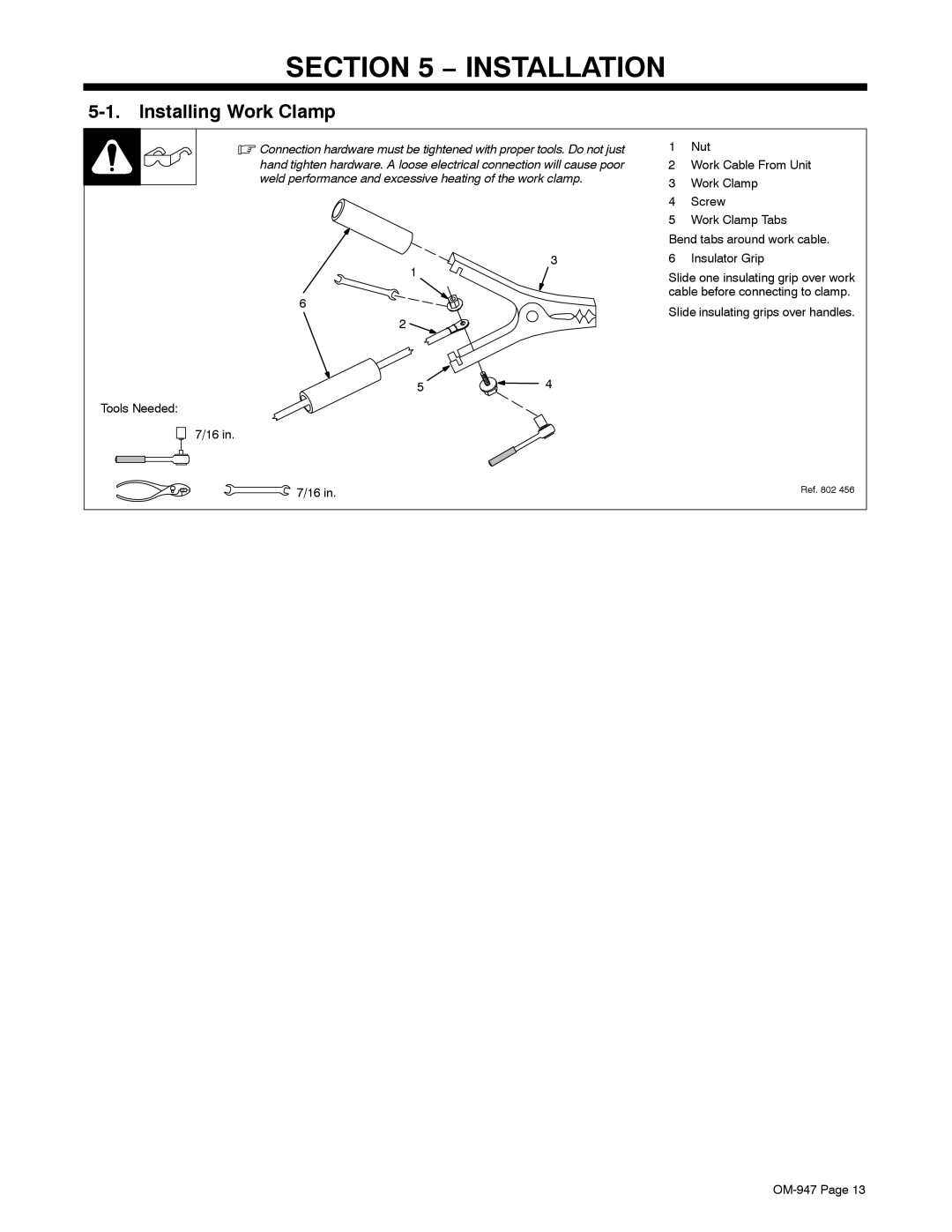 Hobart Welding Products OM-947 manual Installation, Installing Work Clamp 