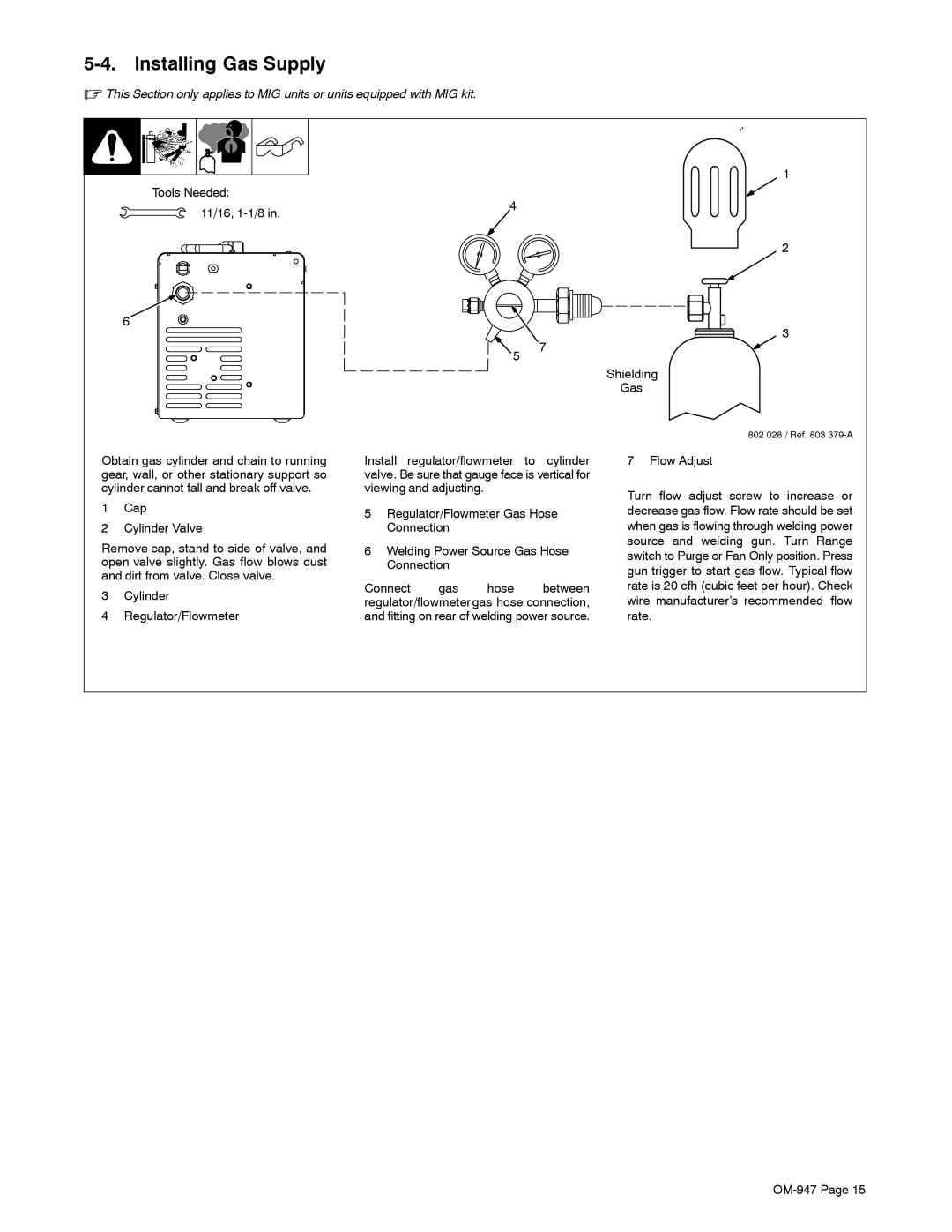 Hobart Welding Products OM-947 manual Installing Gas Supply, Tools Needed 11/16, 1-1/8 Shielding Gas 