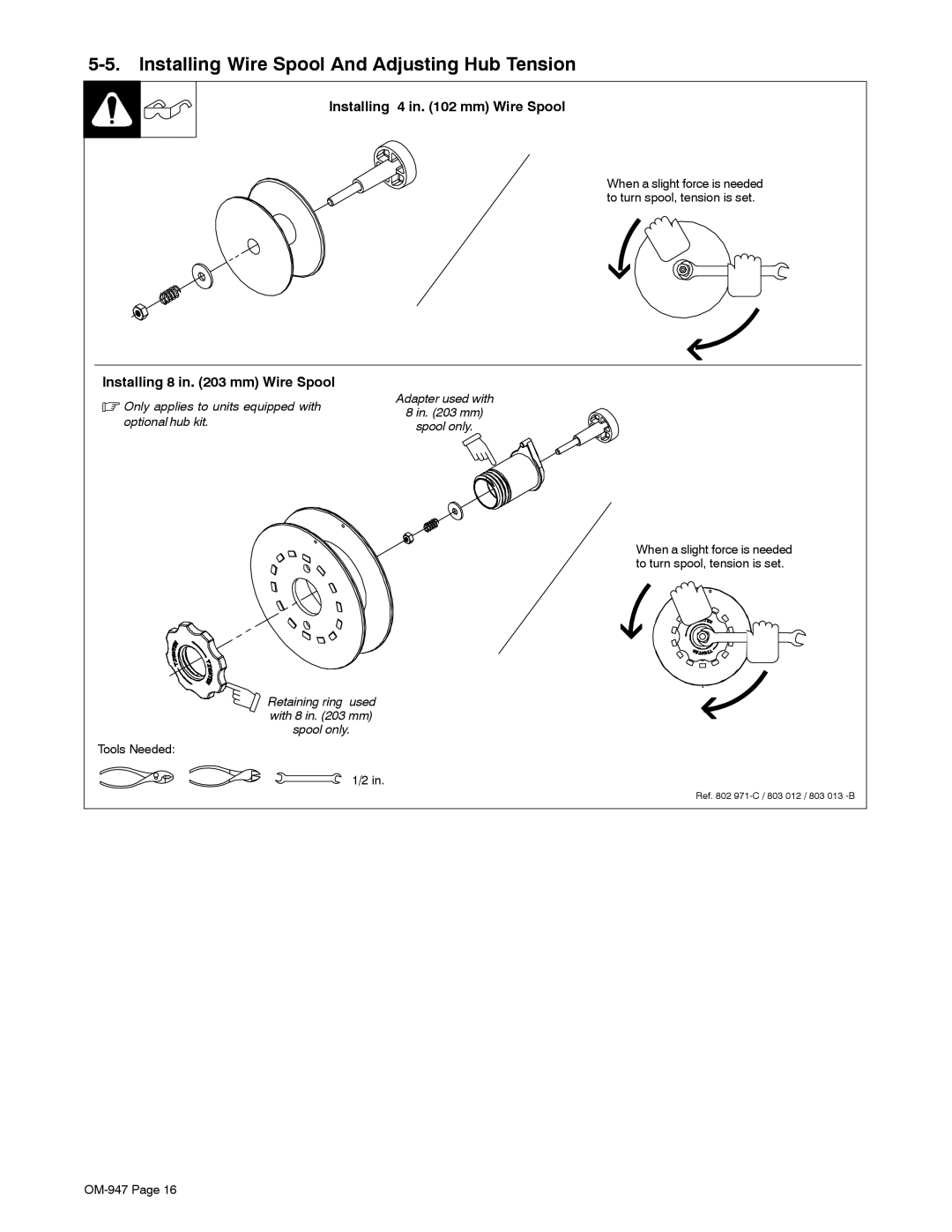 Hobart Welding Products OM-947 manual Installing Wire Spool And Adjusting Hub Tension, Tools Needed 