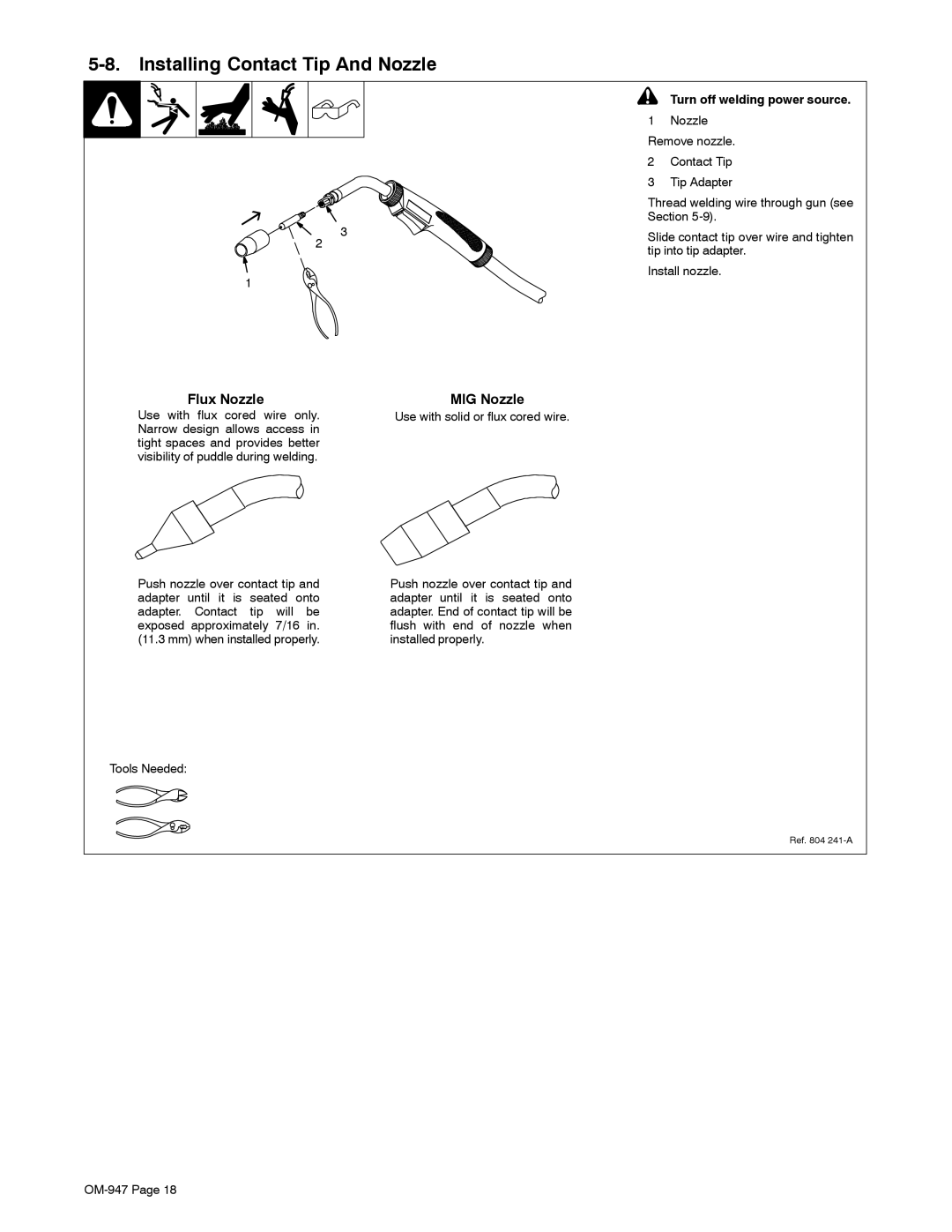 Hobart Welding Products OM-947 manual Installing Contact Tip And Nozzle, Turn off welding power source 