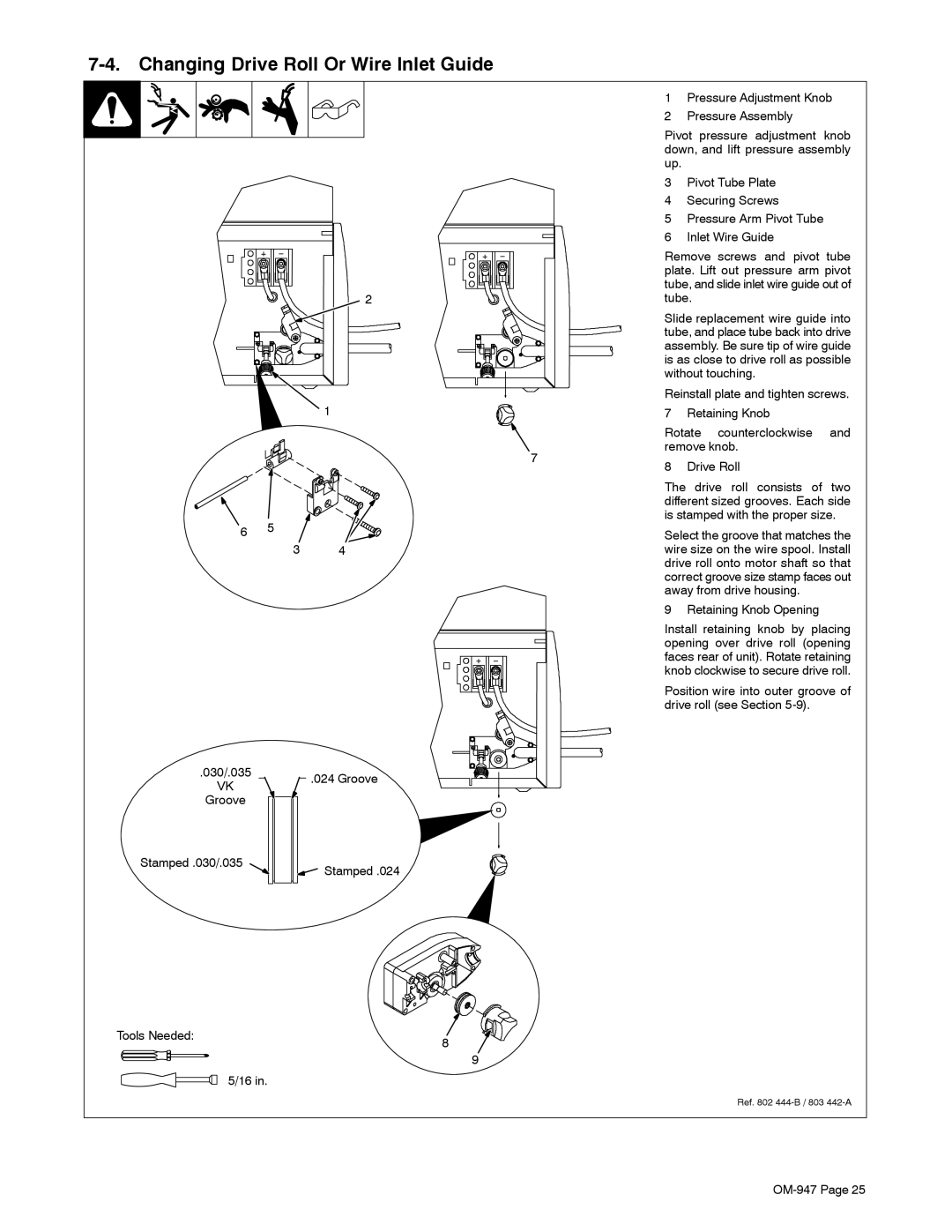 Hobart Welding Products OM-947 manual Changing Drive Roll Or Wire Inlet Guide 