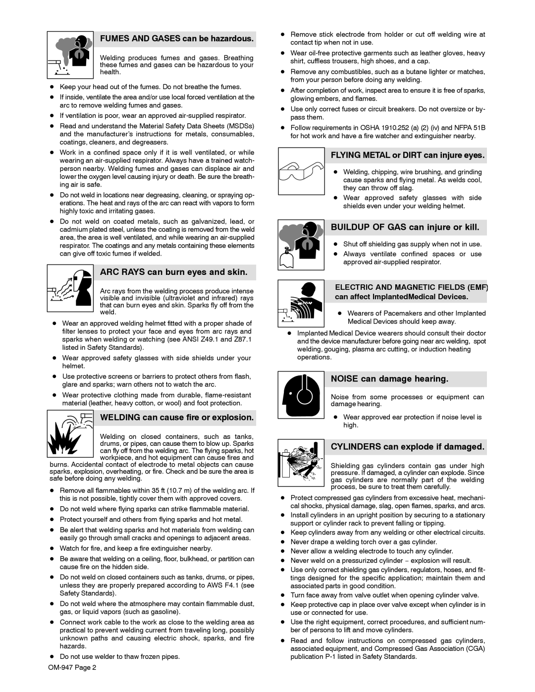 Hobart Welding Products OM-947 Fumes and Gases can be hazardous, ARC Rays can burn eyes and skin, Noise can damage hearing 