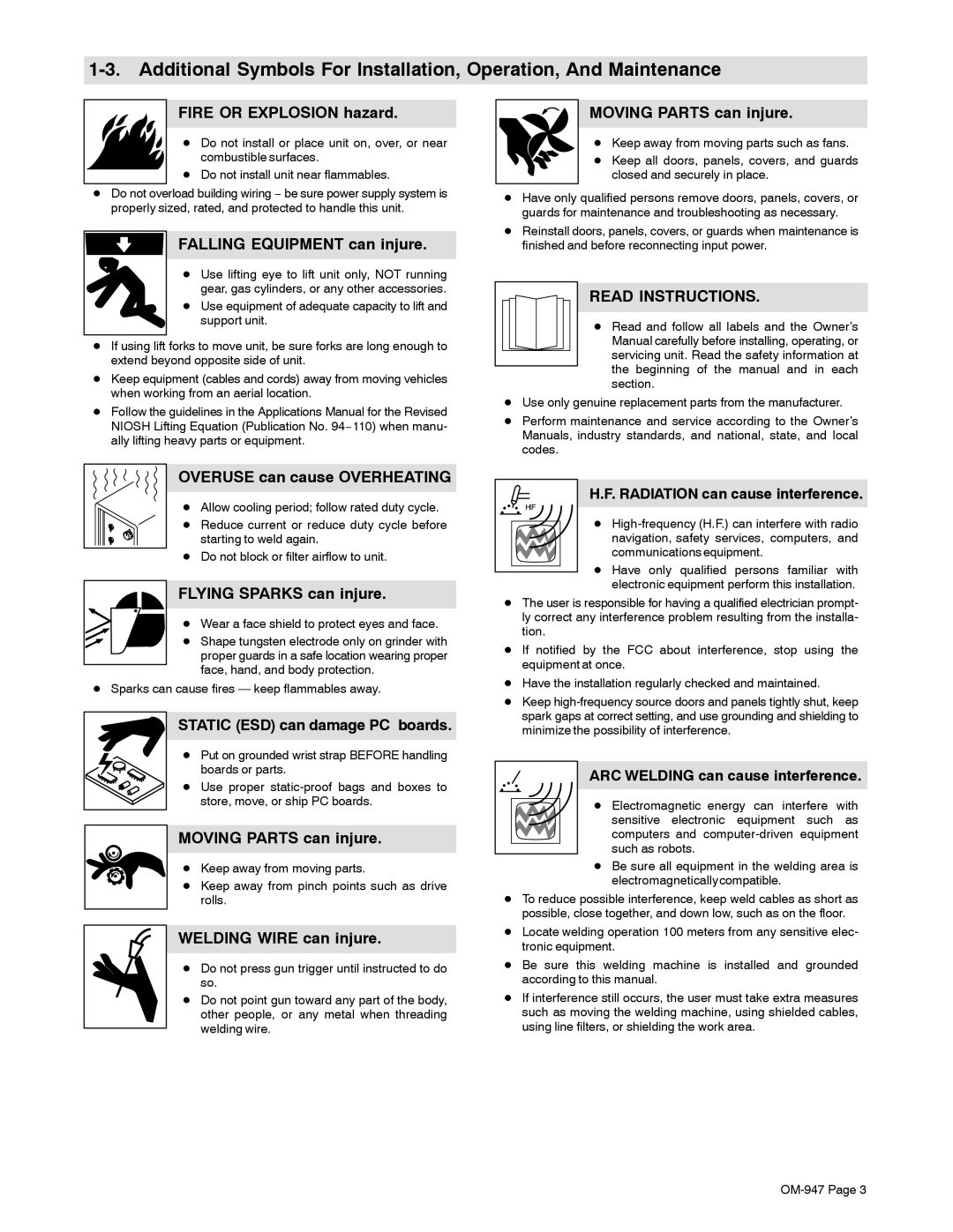 Hobart Welding Products OM-947 manual Fire or Explosion hazard, Falling Equipment can injure, Moving Parts can injure 