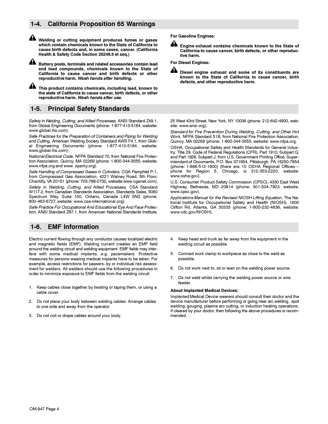 Hobart Welding Products OM-947 manual California Proposition 65 Warnings, Principal Safety Standards, EMF Information 