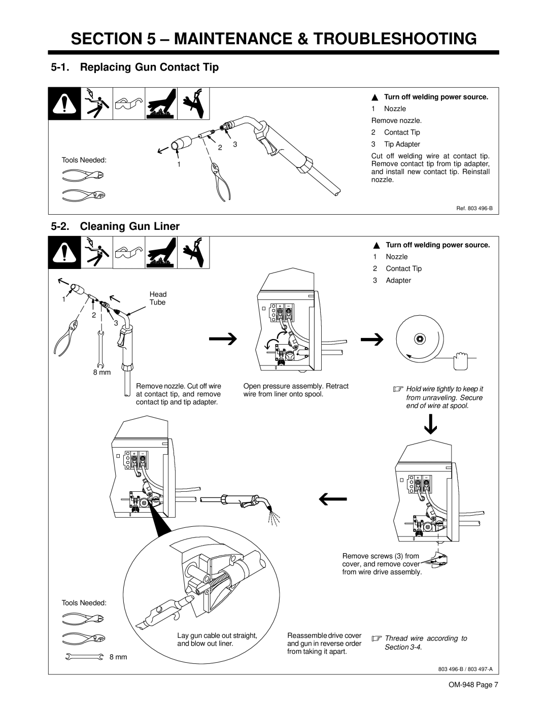 Hobart Welding Products OM-948 manual Maintenance & Troubleshooting, Replacing Gun Contact Tip, Cleaning Gun Liner 