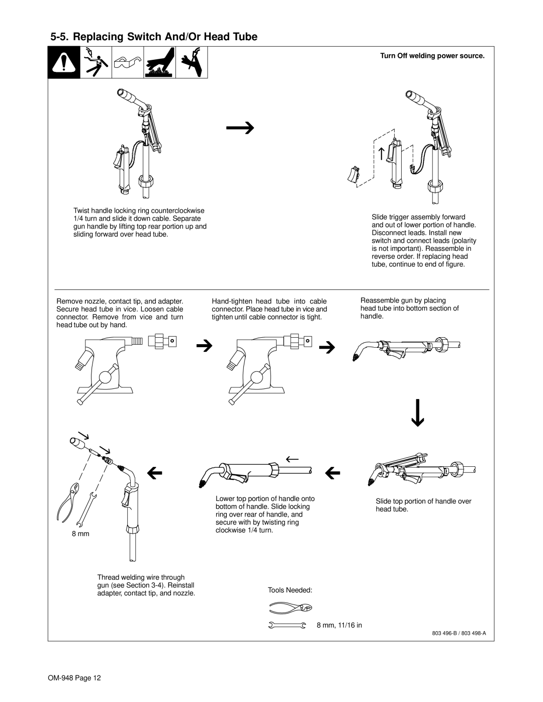 Hobart Welding Products OM-948 manual Replacing Switch And/Or Head Tube, Turn Off welding power source 