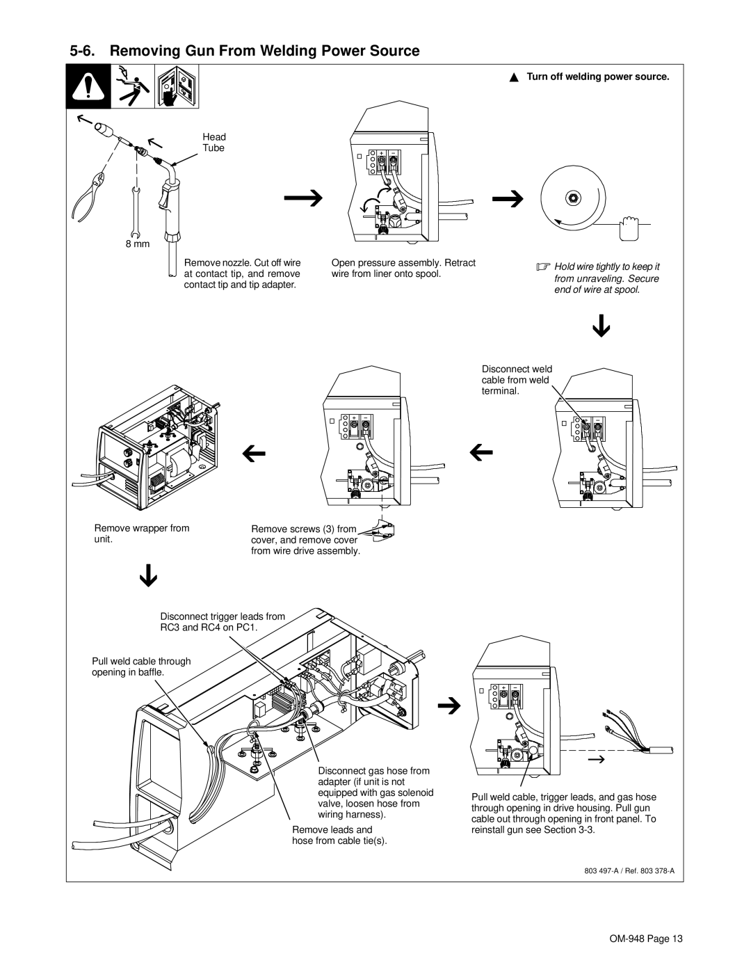 Hobart Welding Products OM-948 manual Removing Gun From Welding Power Source, From unraveling. Secure 