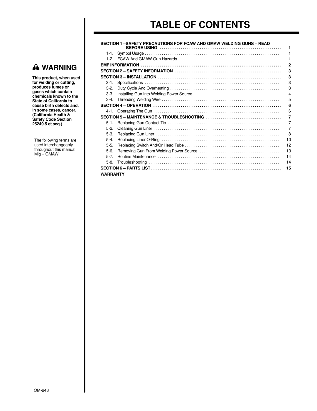 Hobart Welding Products OM-948 manual Table of Contents 