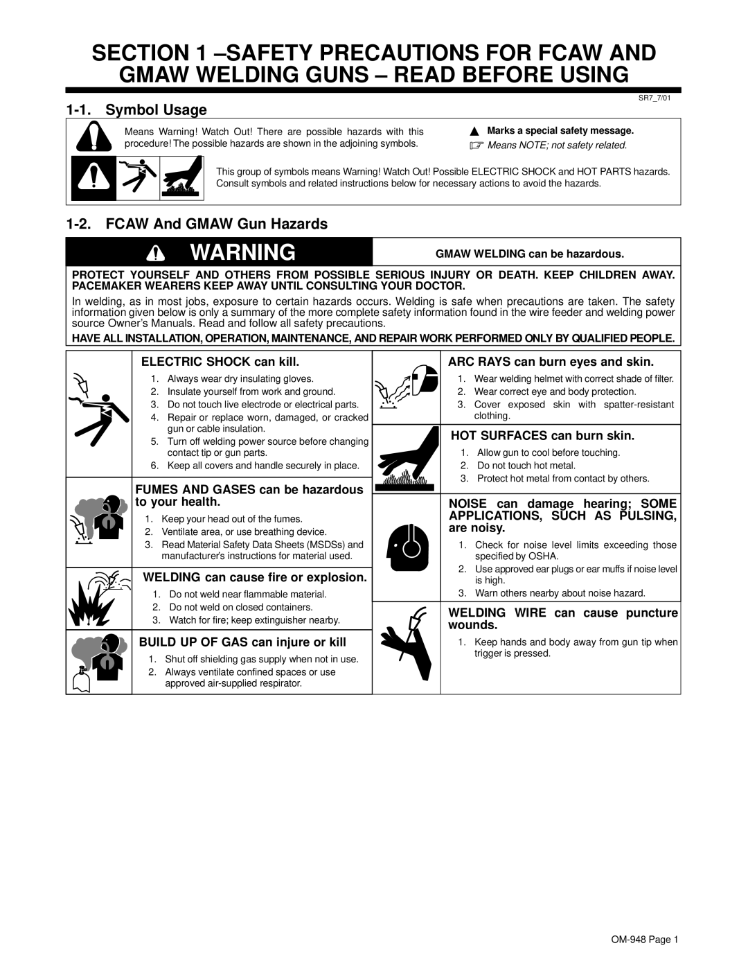 Hobart Welding Products OM-948 manual Symbol Usage, Fcaw And Gmaw Gun Hazards, Marks a special safety message 