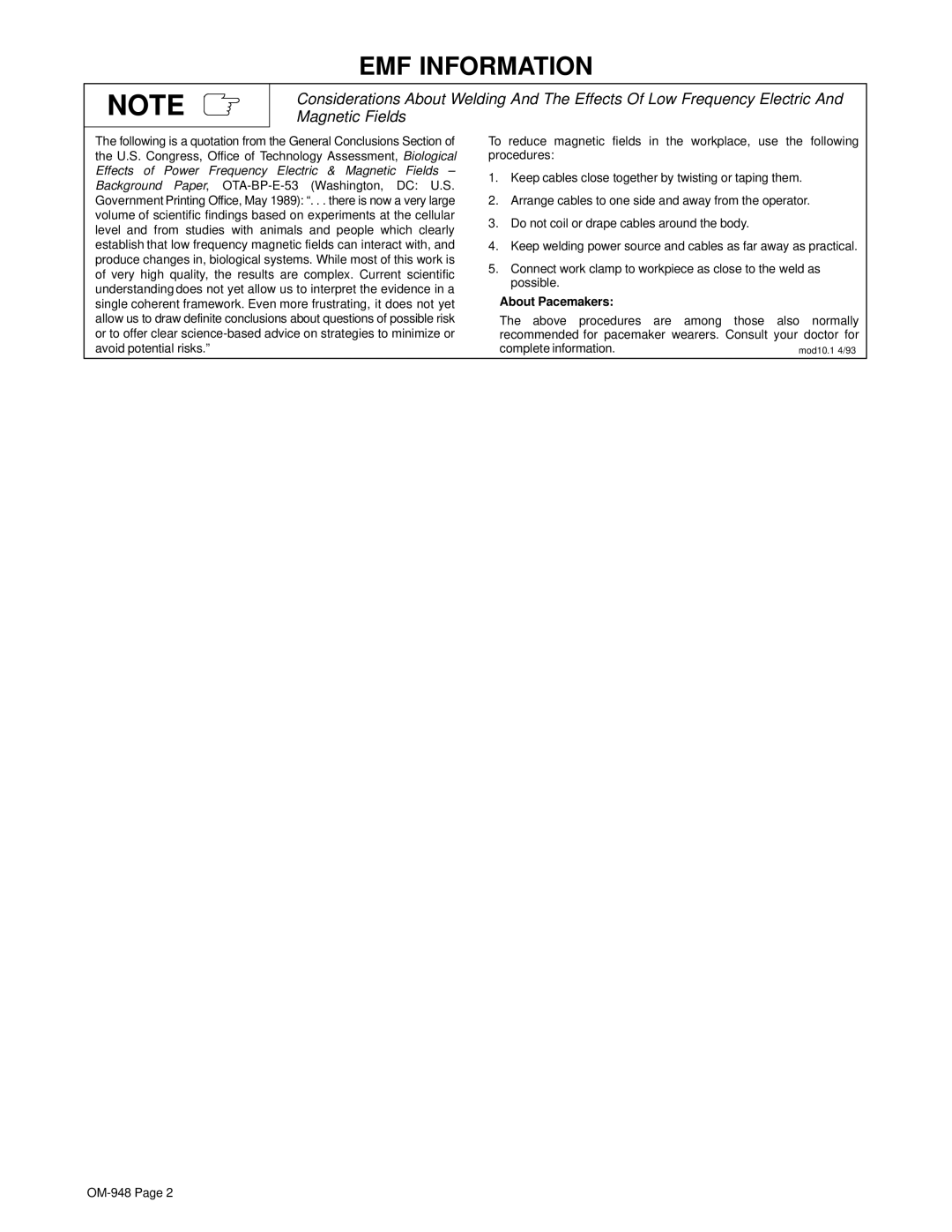 Hobart Welding Products OM-948 manual EMF Information, About Pacemakers 