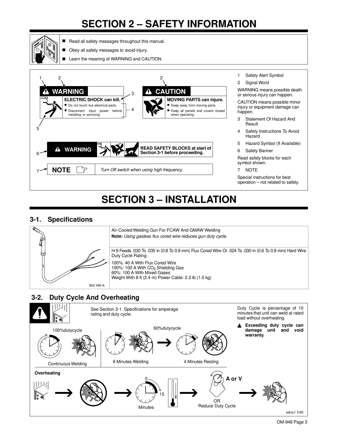 Hobart Welding Products OM-948 manual Safety Information, Installation, Specifications, Duty Cycle And Overheating 