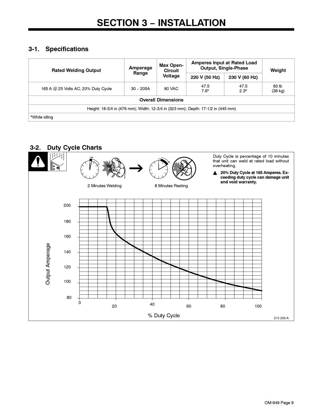 Hobart Welding Products OM-949 manual Specifications, Duty Cycle Charts 