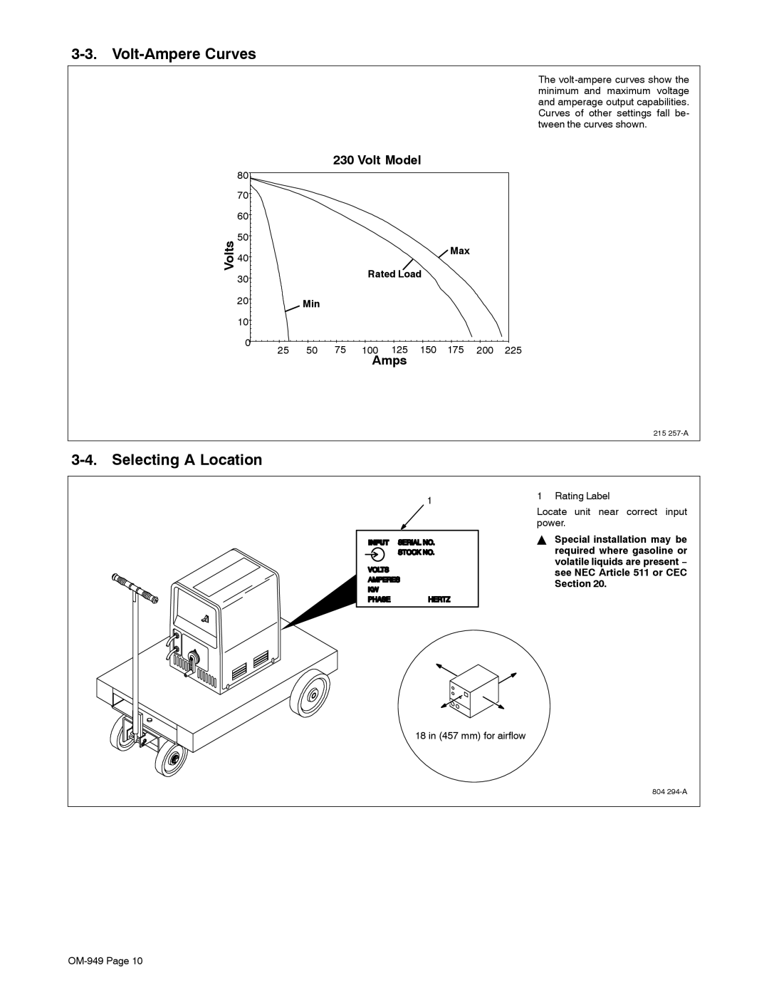 Hobart Welding Products OM-949 manual Volt-Ampere Curves, Selecting a Location, Volt Model, Amps 