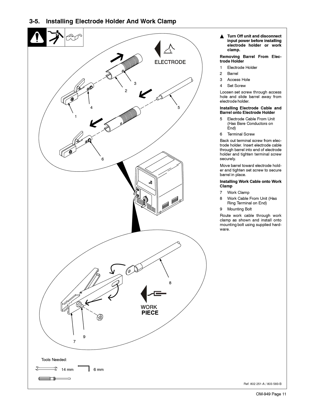 Hobart Welding Products OM-949 manual Installing Electrode Holder And Work Clamp, Removing Barrel From Elec- trode Holder 