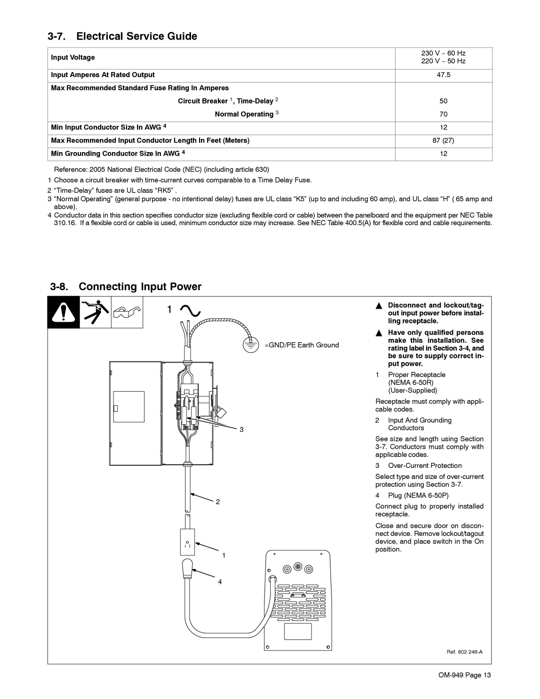 Hobart Welding Products OM-949 manual Electrical Service Guide, Connecting Input Power 