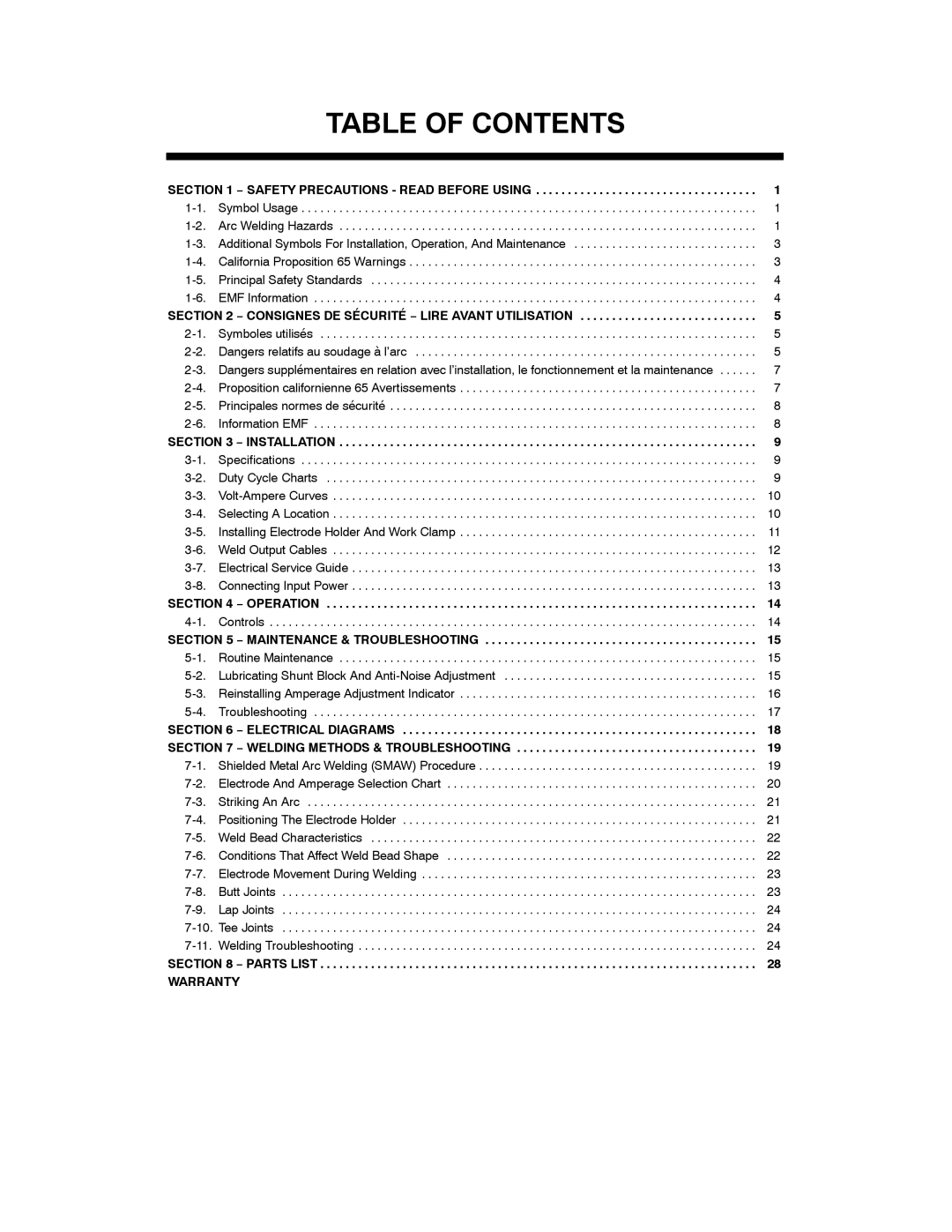 Hobart Welding Products OM-949 manual Table of Contents 