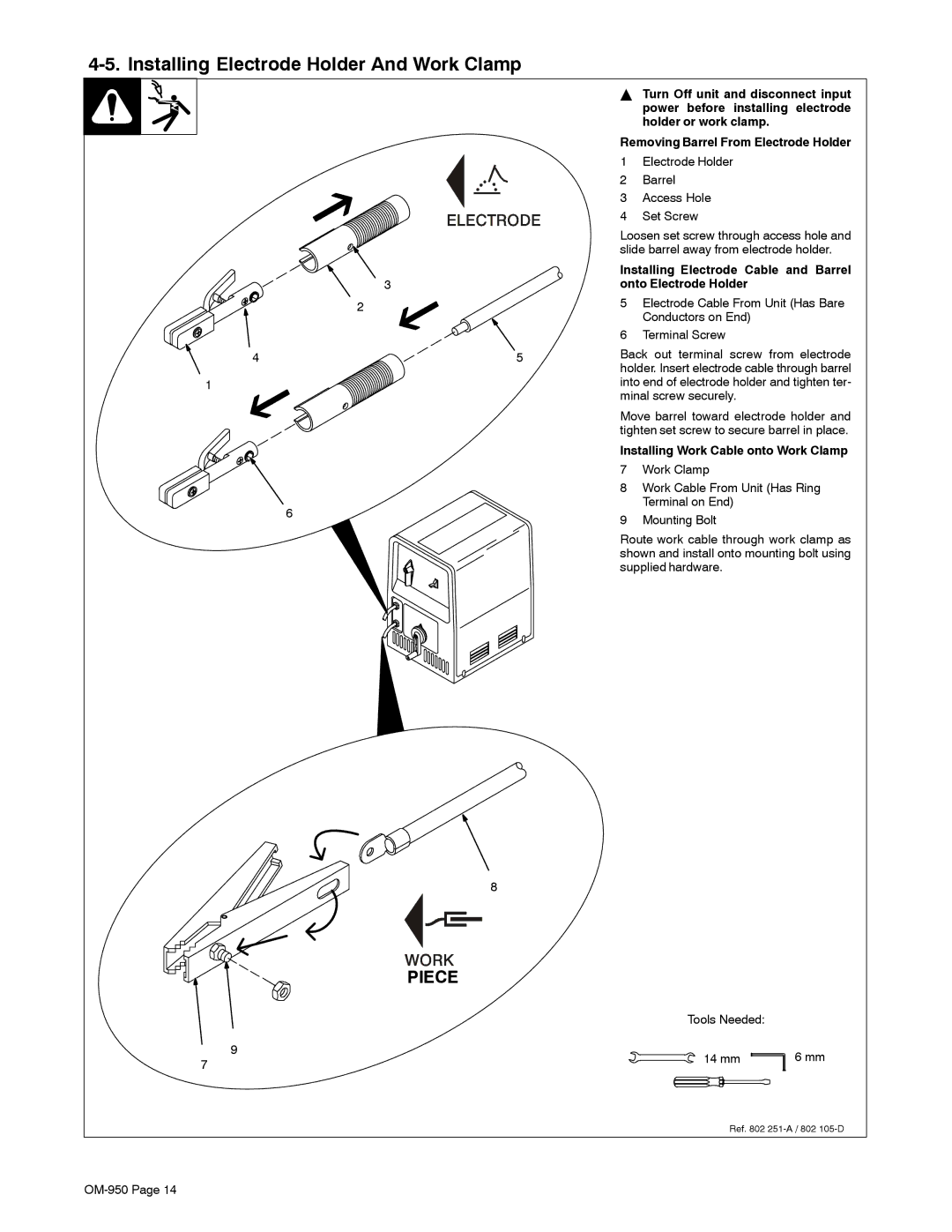 Hobart Welding Products OM-950 Installing Electrode Holder And Work Clamp, Holder or work clamp, Onto Electrode Holder 