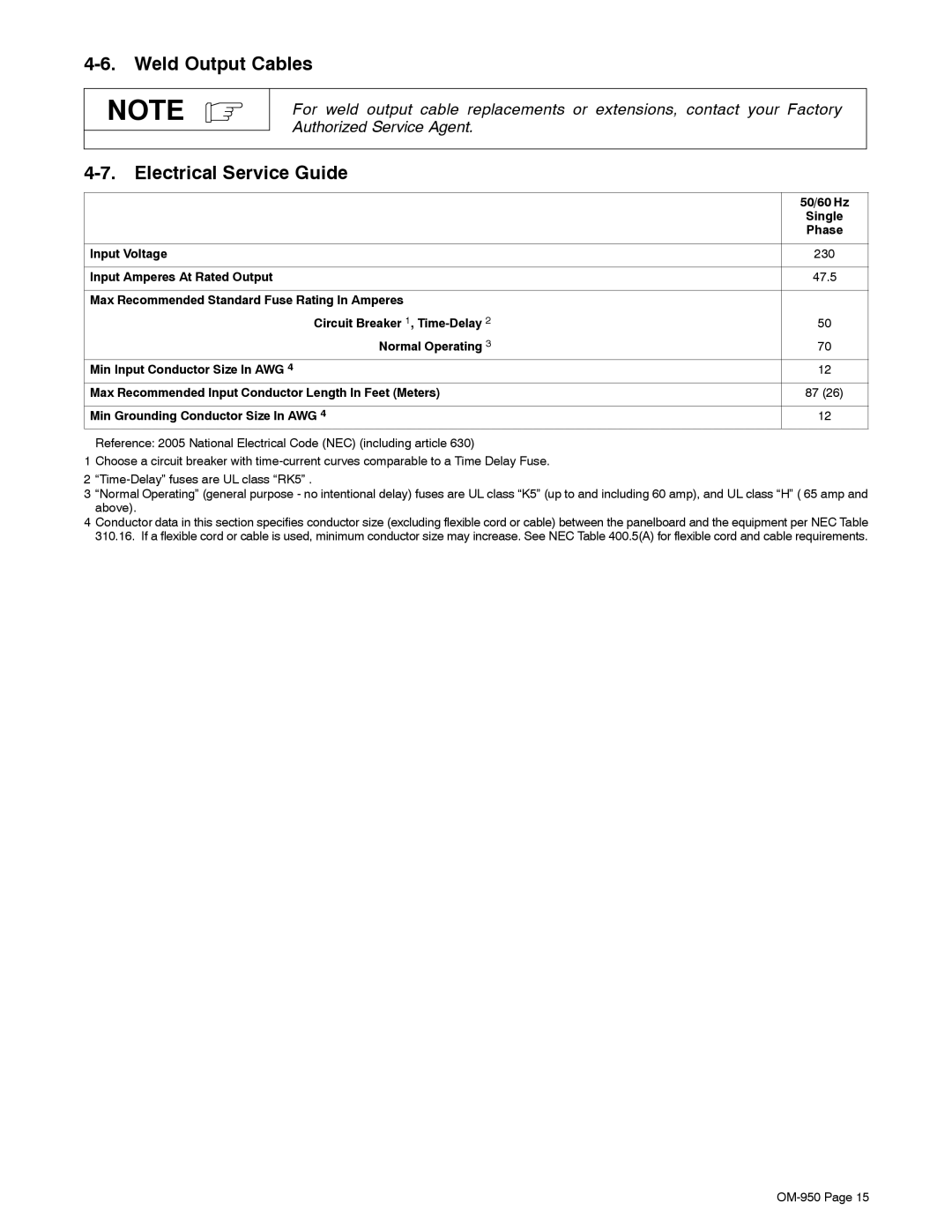 Hobart Welding Products OM-950 manual Weld Output Cables, Electrical Service Guide, 50/60 Hz 