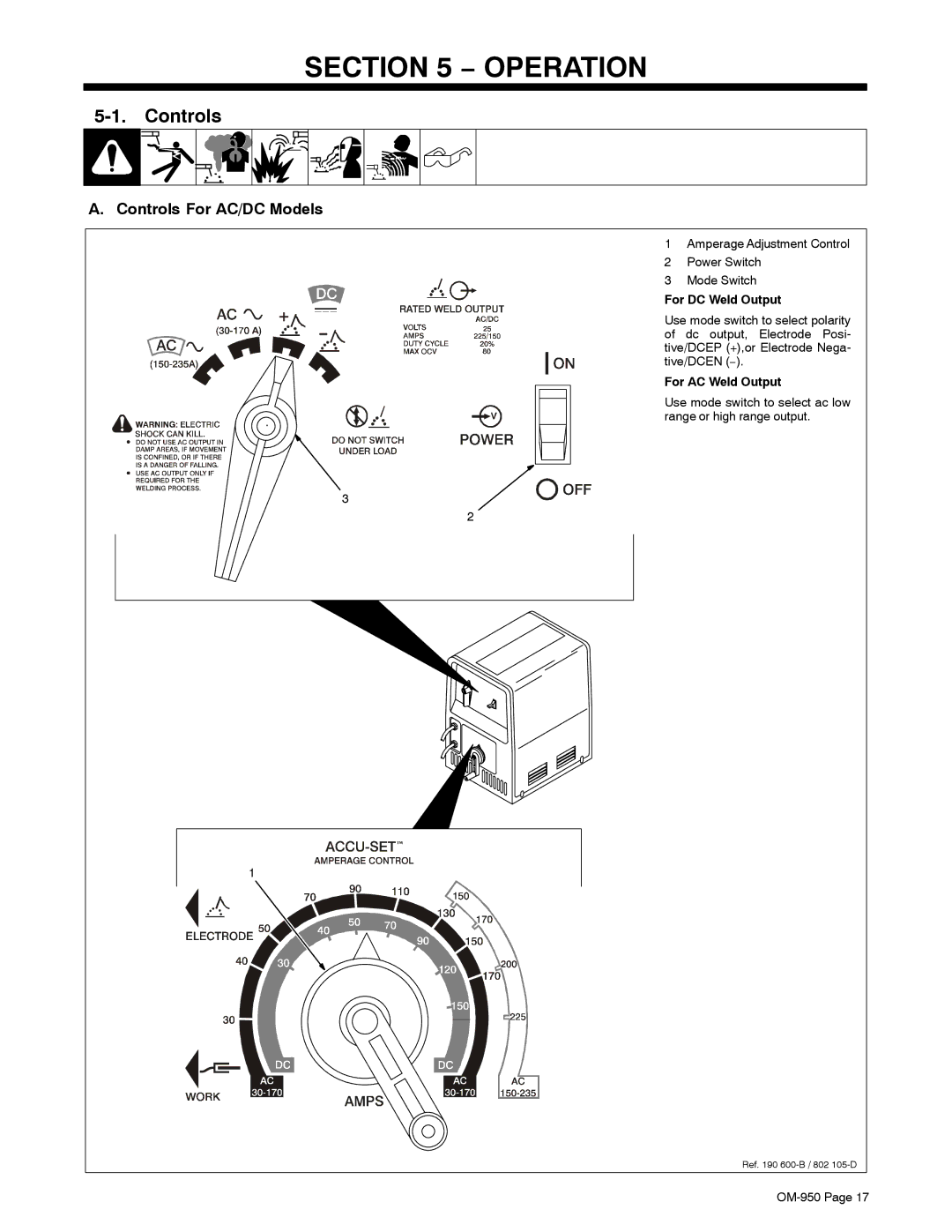 Hobart Welding Products OM-950 manual Operation, Controls For AC/DC Models, For DC Weld Output, For AC Weld Output 