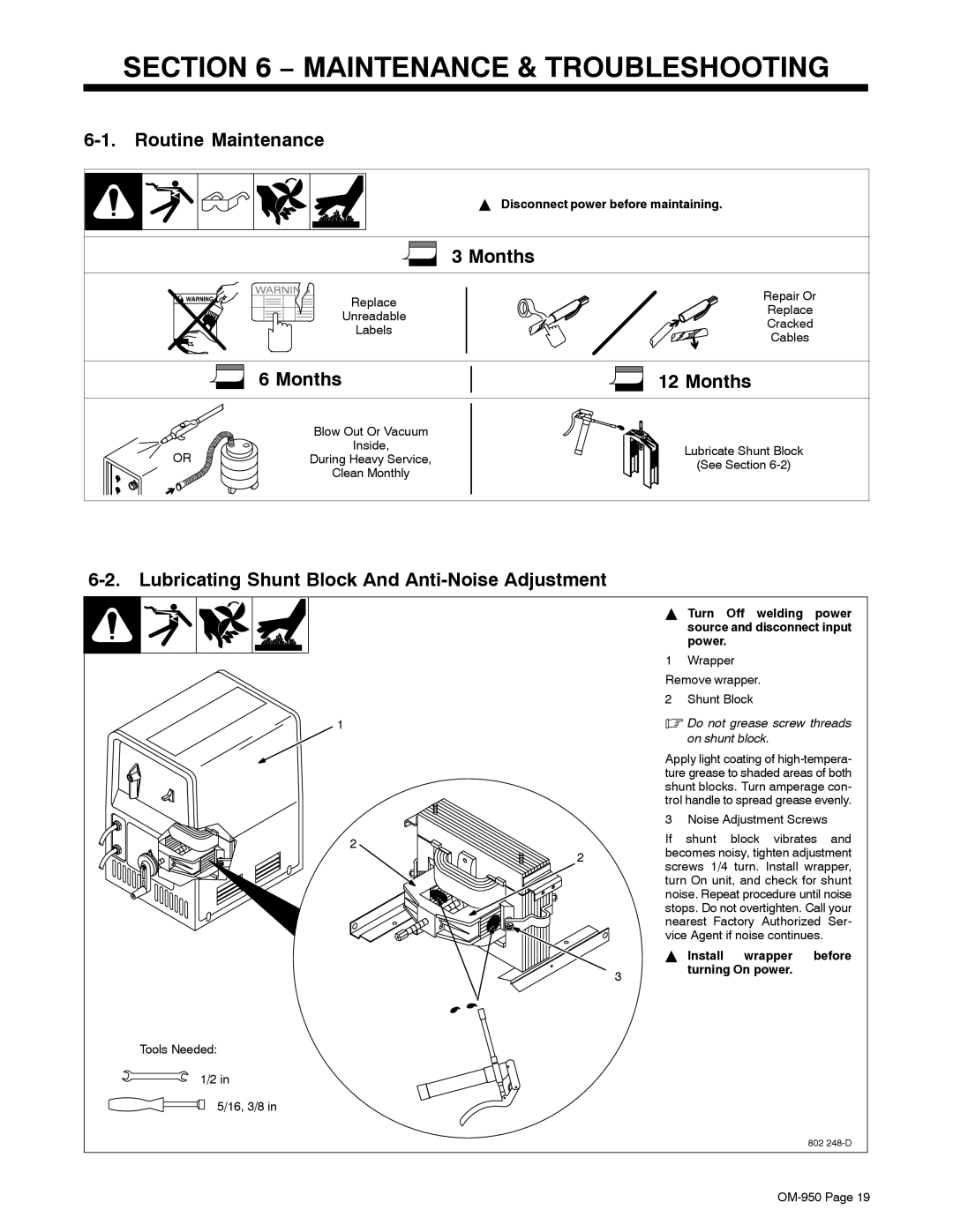 Hobart Welding Products OM-950 manual Maintenance & Troubleshooting, Routine Maintenance, Months 