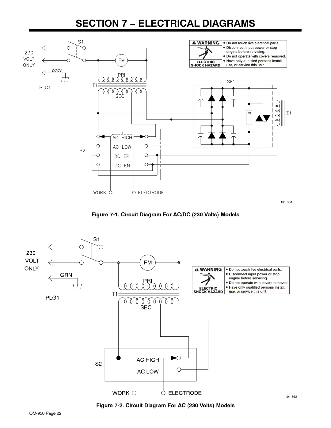 Hobart Welding Products OM-950 manual Circuit Diagram For AC/DC 230 Volts Models, Circuit Diagram For AC 230 Volts Models 