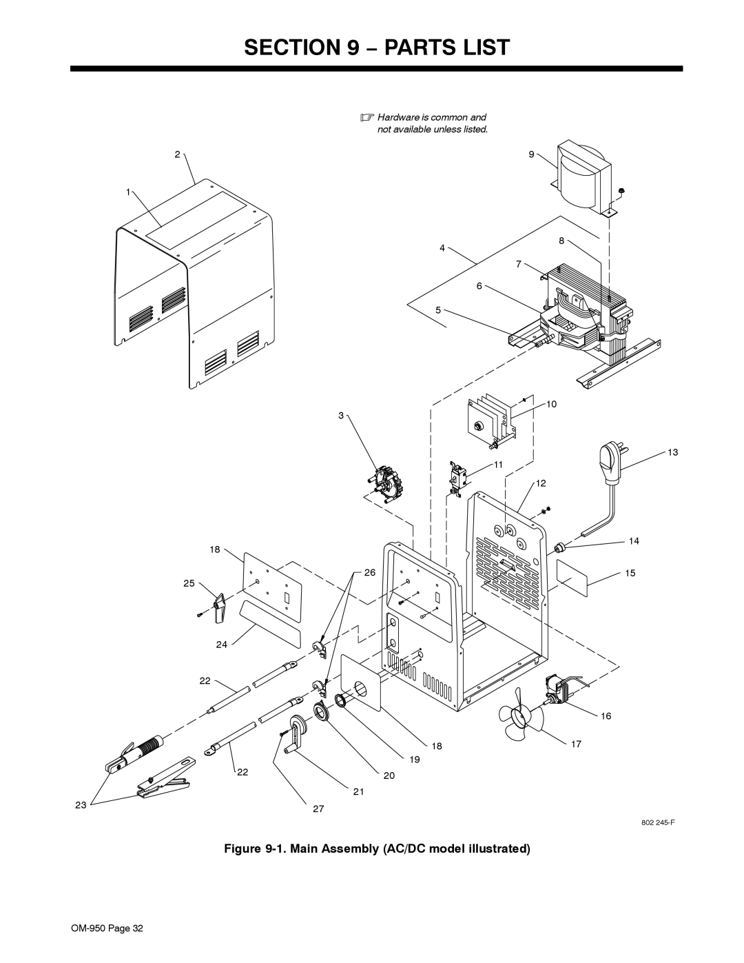 Hobart Welding Products OM-950 manual Parts List, Main Assembly AC/DC model illustrated 