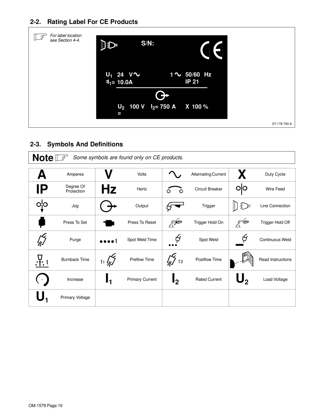 Hobart Welding Products S-64, S-62 manual Rating Label For CE Products, Symbols And Definitions 