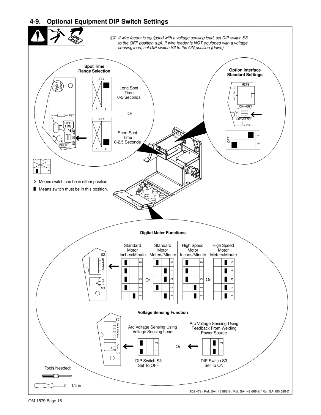 Hobart Welding Products S-64, S-62 manual Optional Equipment DIP Switch Settings, Voltage Sensing Function 