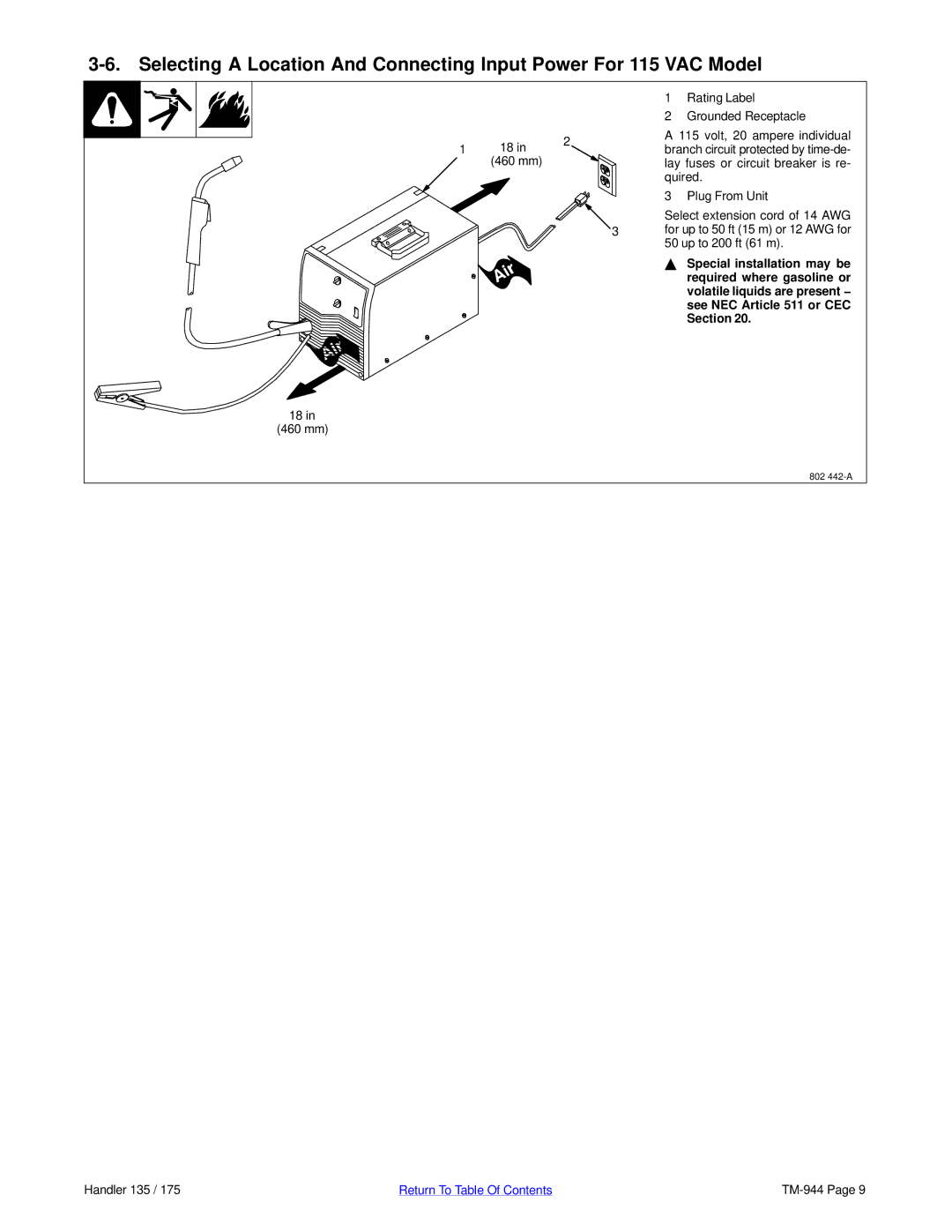 Hobart Welding Products TM-944C Rating Label, Grounded Receptacle, Volt, 20 ampere individual, Up to 200 ft 61 m, 460 mm 