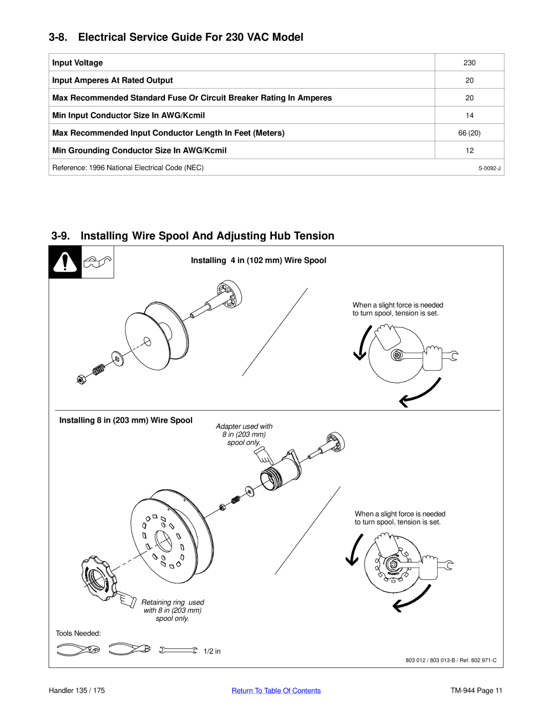 Hobart Welding Products TM-944C Electrical Service Guide For 230 VAC Model, Reference 1996 National Electrical Code NEC 