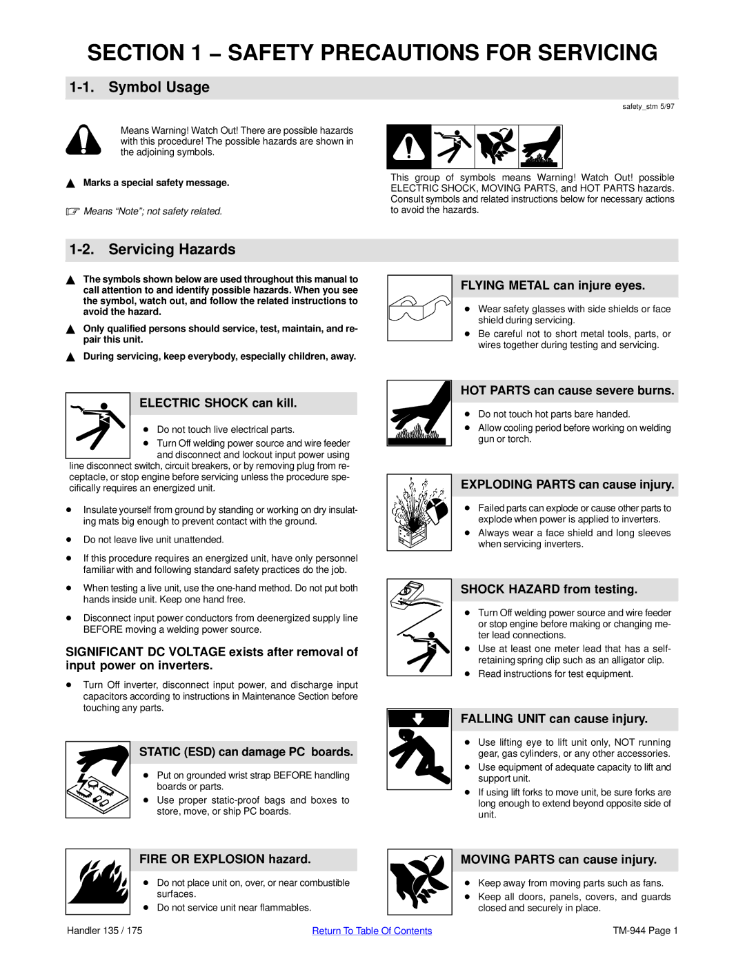 Hobart Welding Products TM-944C manual Safety Precautions for Servicing, Symbol Usage, Servicing Hazards 