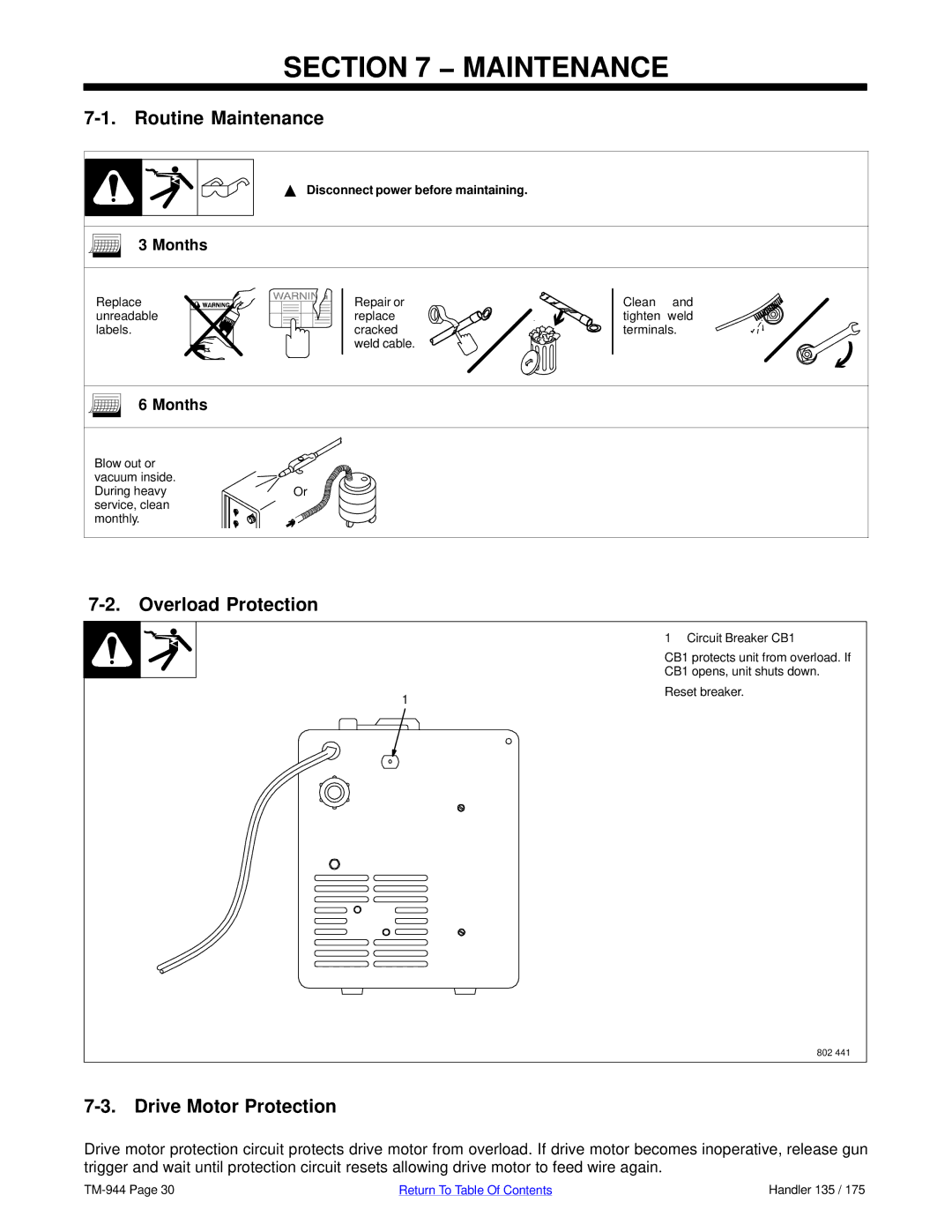 Hobart Welding Products TM-944C manual Routine Maintenance, Overload Protection Drive Motor Protection, Months 