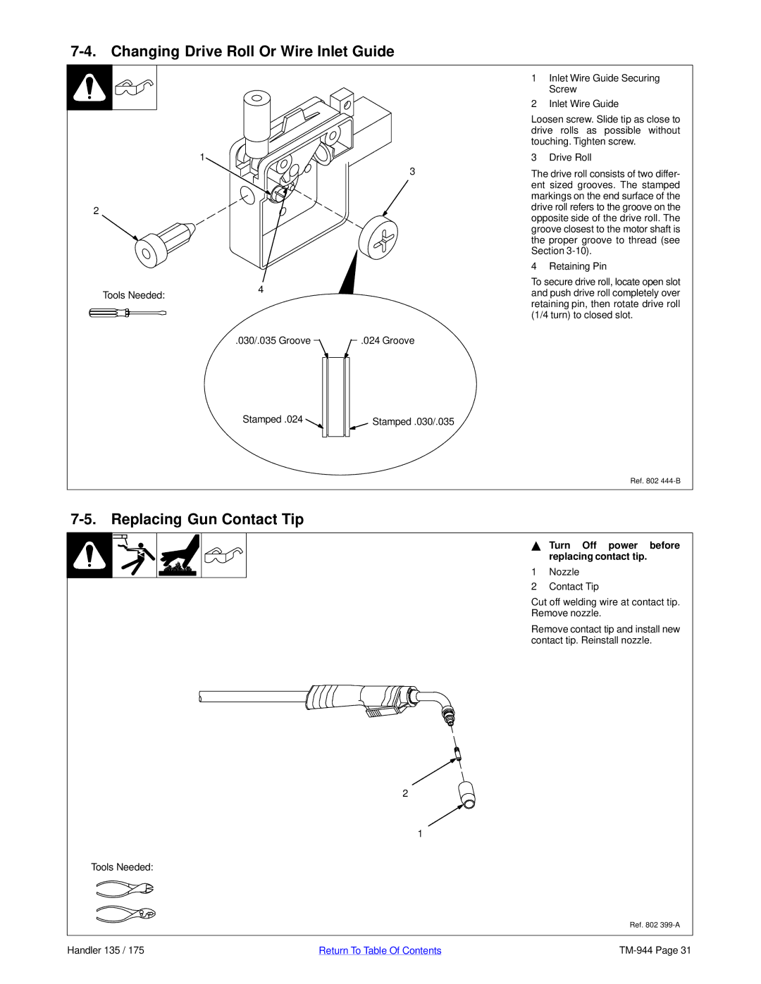 Hobart Welding Products TM-944C manual Changing Drive Roll Or Wire Inlet Guide, Replacing Gun Contact Tip 