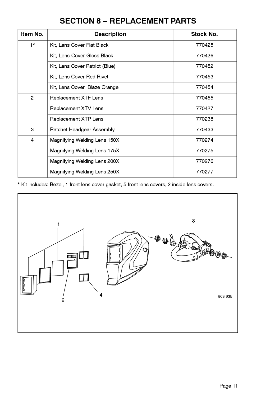 Hobart Welding Products XTF, XTP, XTV manual Replacement Parts, Item No Description Stock No 