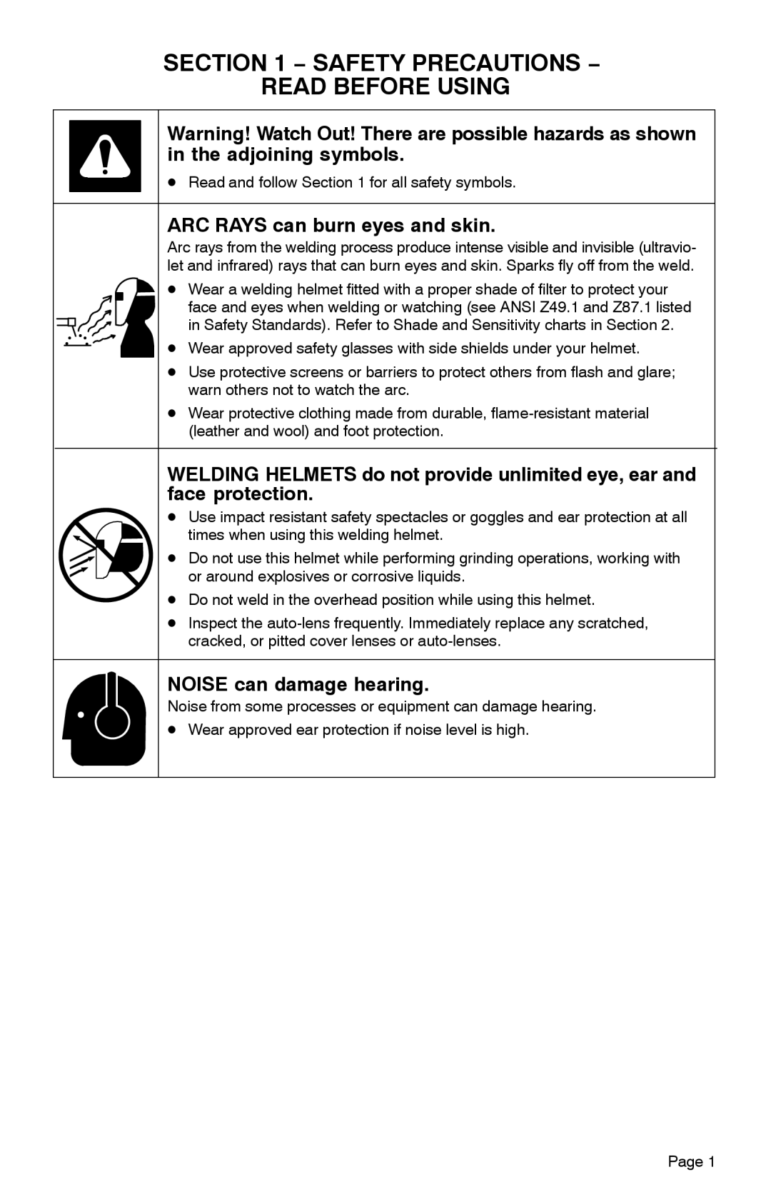 Hobart Welding Products XTP, XTF, XTV manual Safety Precautions − Read Before Using, ARC Rays can burn eyes and skin 