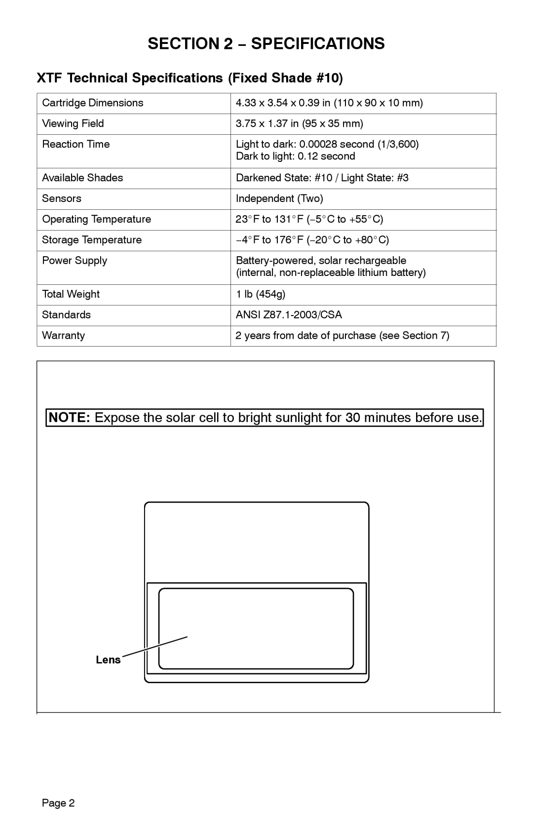 Hobart Welding Products XTP, XTV manual XTF Technical Specifications Fixed Shade #10 