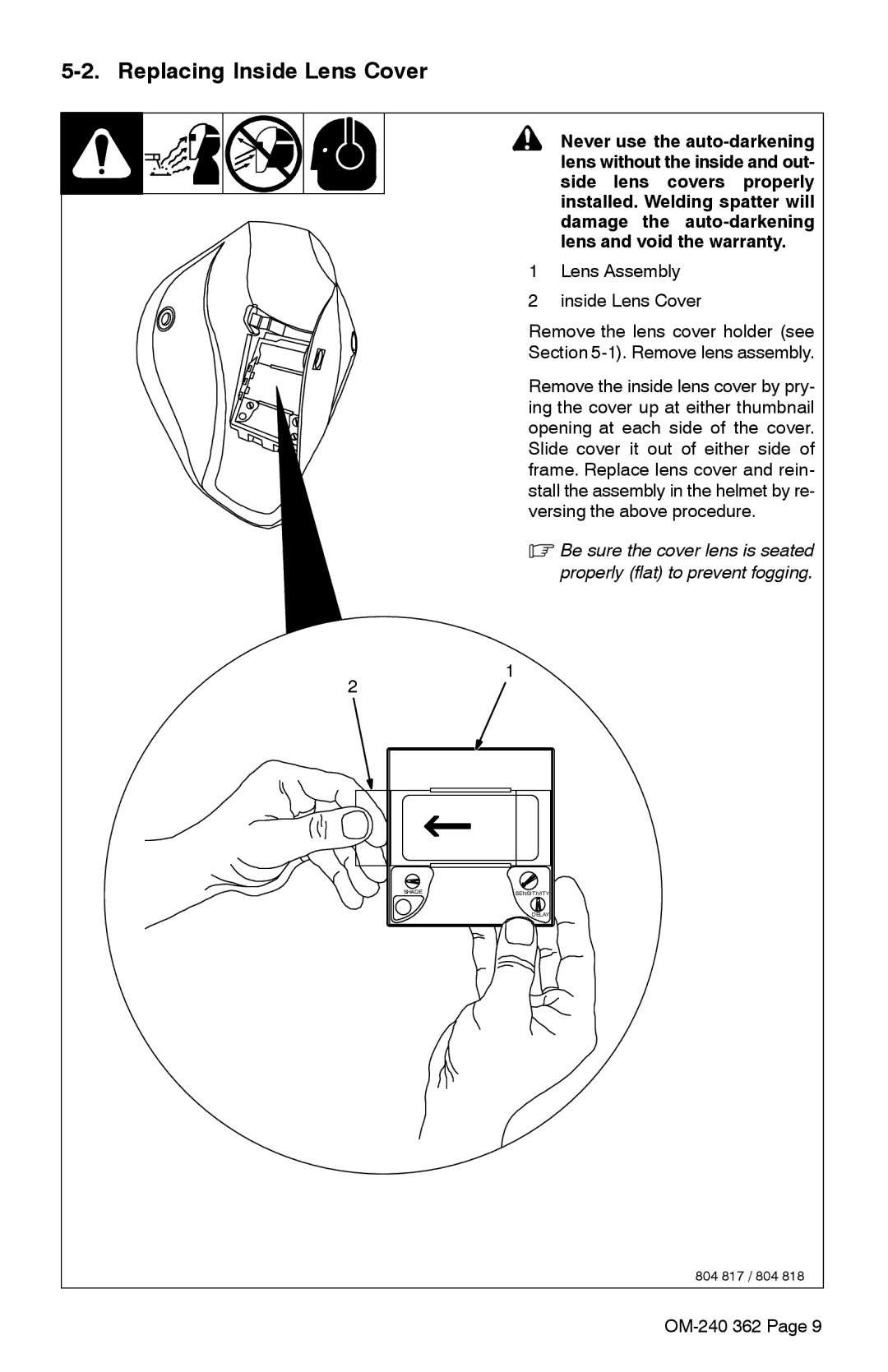 Hobart Welding Products XVX manual Replacing Inside Lens Cover, Lens Assembly Inside Lens Cover 